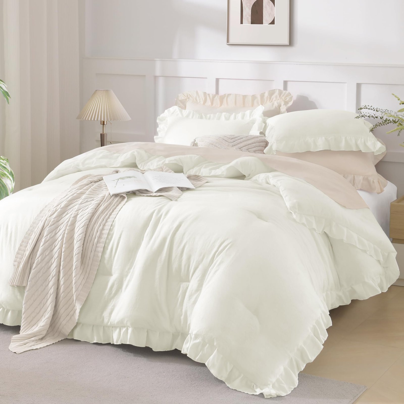 Arkmoving White Comforter Queen Size, 3 Pieces Ruffle Shabby Chic Farmhouse Queen Comforter Sets, All Season Lightweight Fluffy Room Decor Bed Set for Girls Women Teens Gift Choice - Image 11