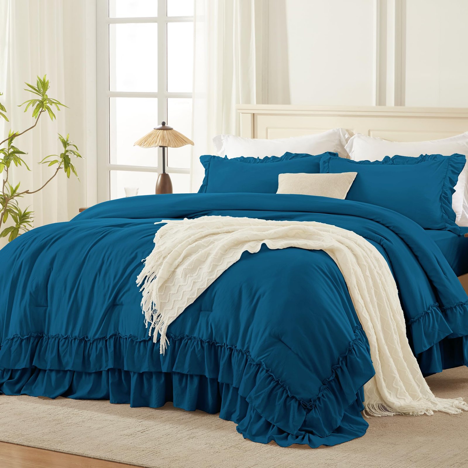 Arkmoving White Comforter Set Queen Size, Lightweight Fluffy Farmhouse White Ruffle Bedding Set, Soft Microfiber All Season Shabby Chic Bed Comforter Set 3 Pieces(1 Ruffle Comforter 2 Pillowcases) - Image 18