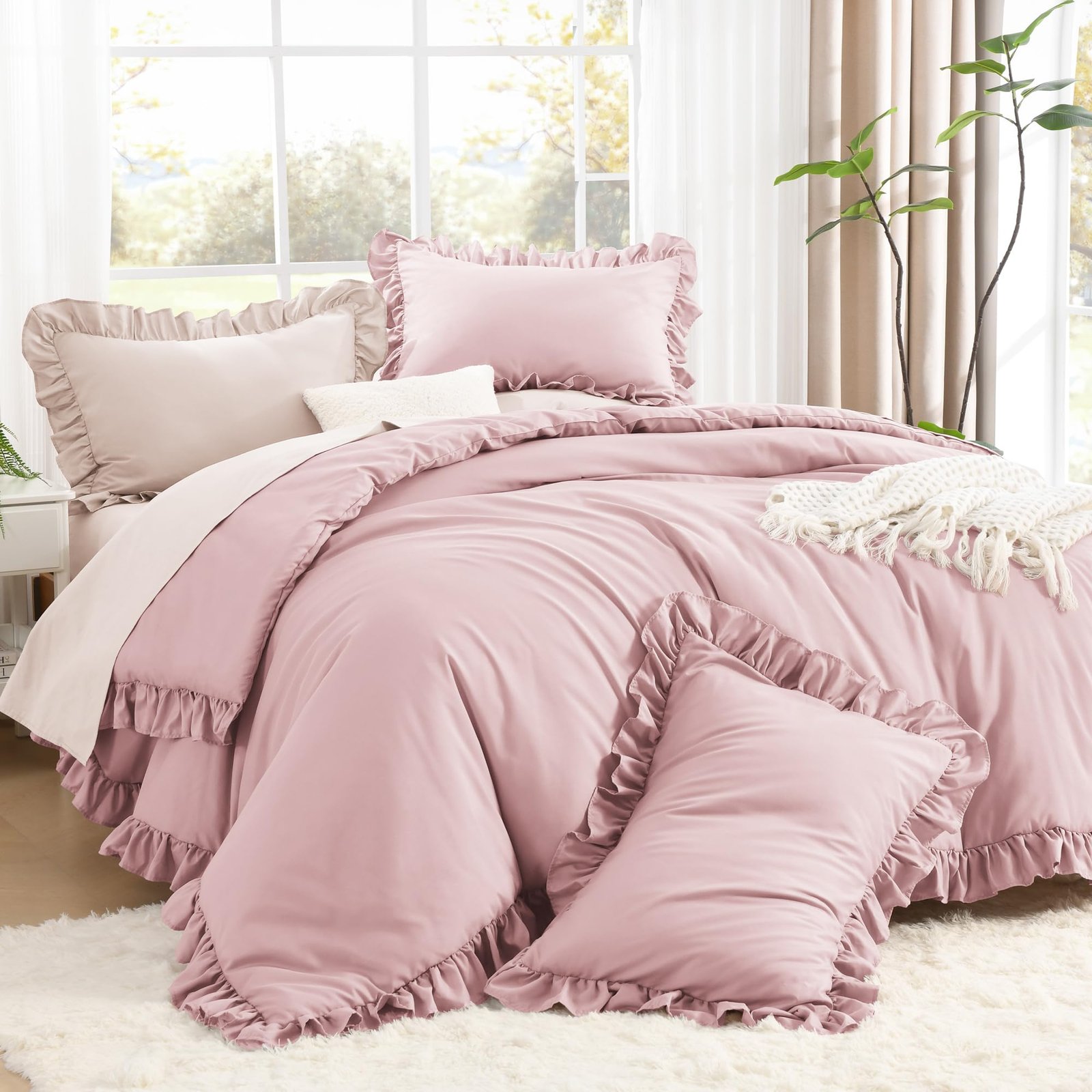 Arkmoving Full Size Comforter Sets, 3 Pieces Blush Pink Ruffle Girls Women Cute Bedding Comforters & Sets, Lightweight Fluffy Microfiber as Gift (79x90In Comforter & 2 Pillowcases) - Image 3