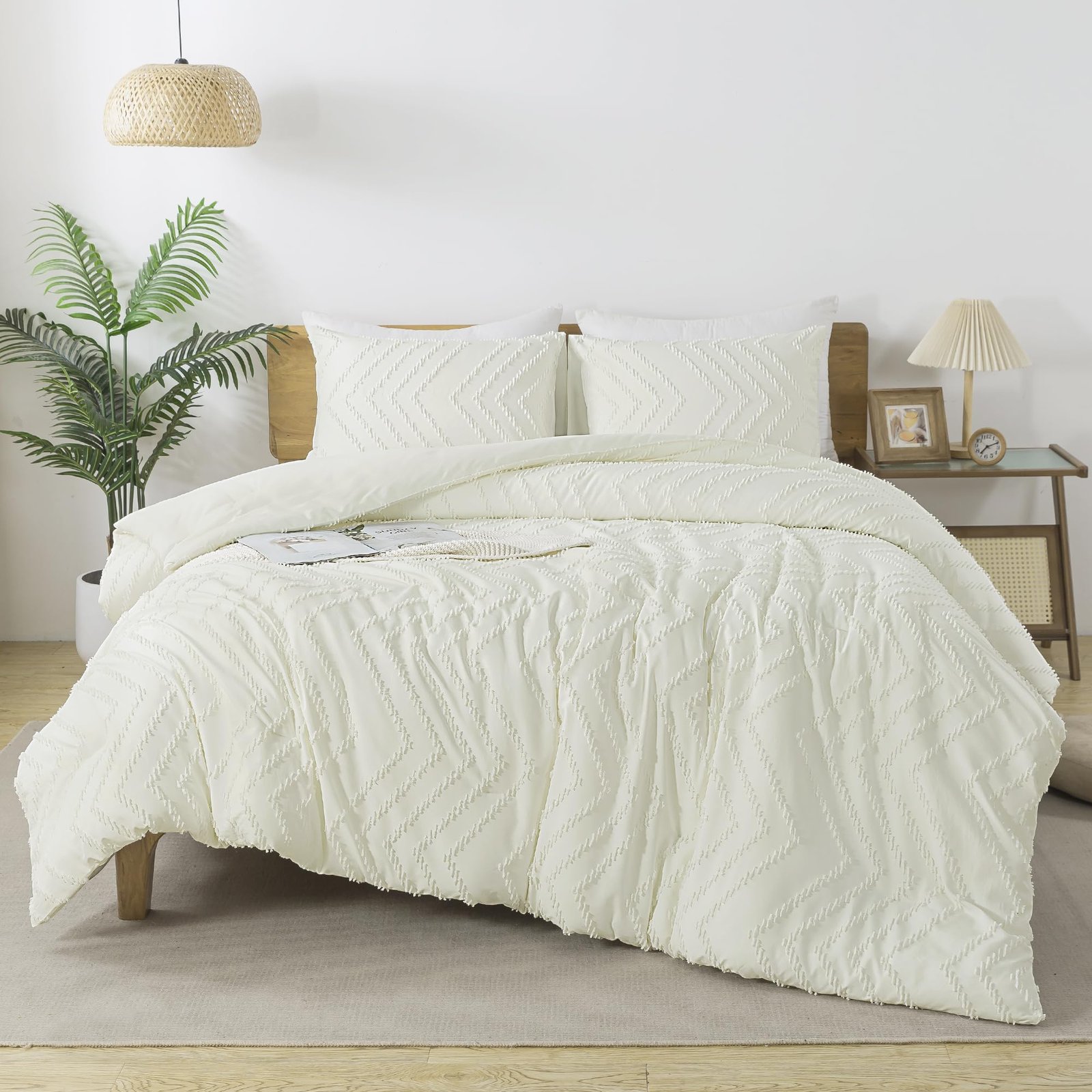 Arkmoving King Size Comforter Set Beige, Boho Cream Soft Warm Tufted Neutral Bedding Comforter Sets for King Size Bed, 3 Pieces Aesthetic Chevron Farmhouse Cute Bohemian Textured Bedding Set - Image 17