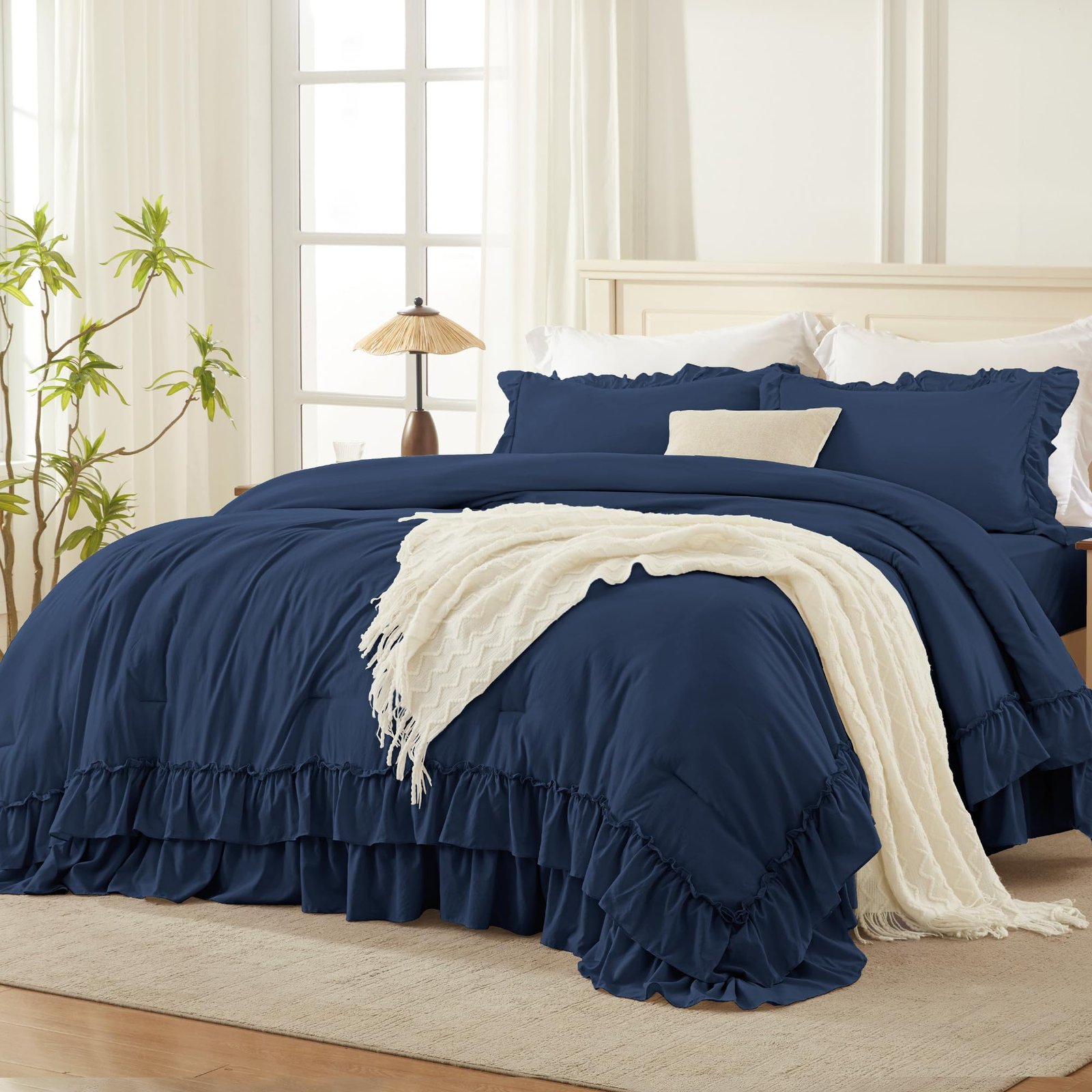 Arkmoving White Comforter Set Queen Size, Lightweight Fluffy Farmhouse White Ruffle Bedding Set, Soft Microfiber All Season Shabby Chic Bed Comforter Set 3 Pieces(1 Ruffle Comforter 2 Pillowcases) - Image 19