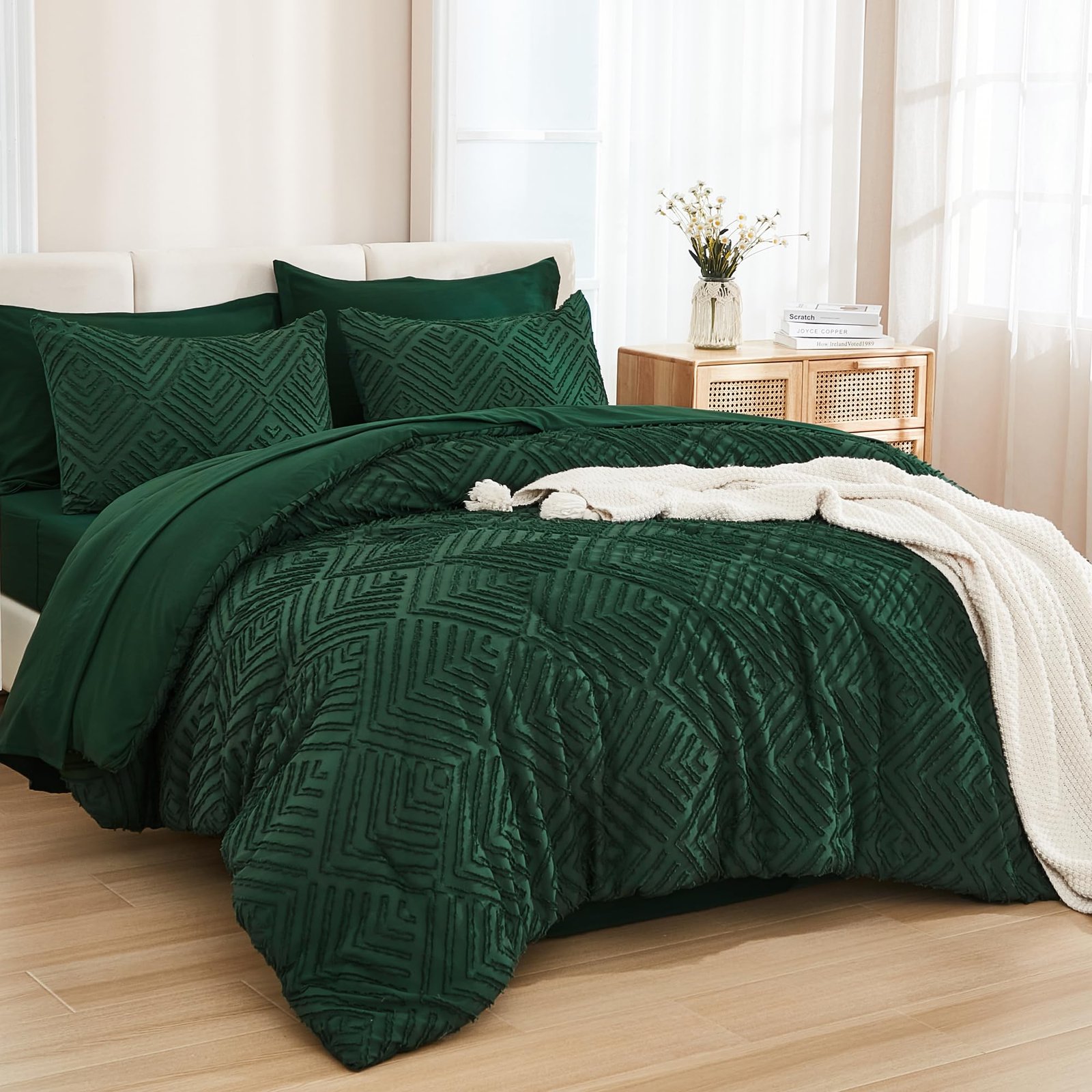 Arkmoving King Size Comforter Set 7 Pieces Dark Emerald Green - Bed in a Bag King Boho Lightweight Fluffy Tufted Bedding Sets with Quilt Comforter, Sheets, Pillowcases & Shams - Image 2