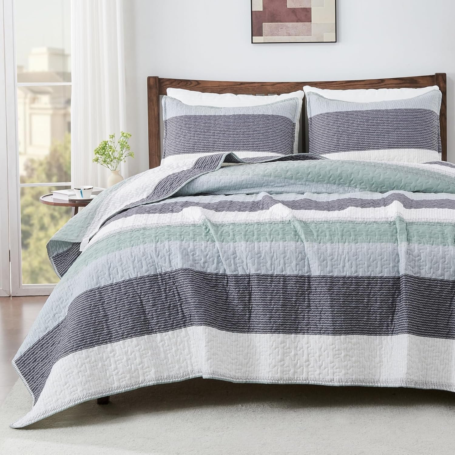 Arkmoving King Size Quilt Set Sage Green, 3 Pieces Mint Green Ultra Soft Lightweight Bedspreads & Coverlets Set, Patchwork Striped Quilted Bedding Sets for All Seasons (1 Quilt, 2 Pillow Shams) - Image 25