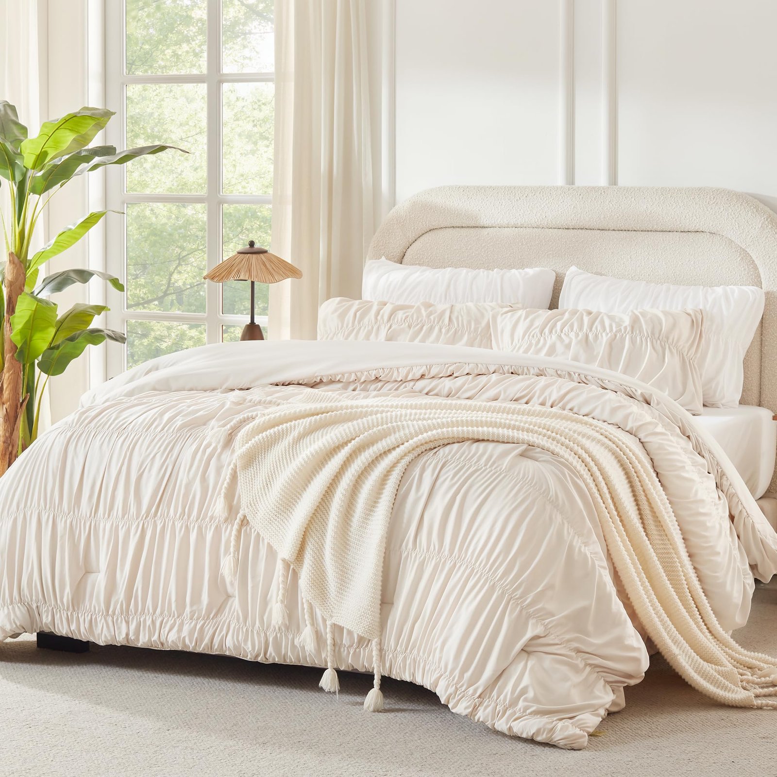 Arkmoving Ruched Beige Queen Comforter Set, Shabby Chic Pleated Bedding Sets 3 Pieces, Lightweight Soft Boho Ruffle Bed Set for Girls, Kids, Women, All Season - Image 5