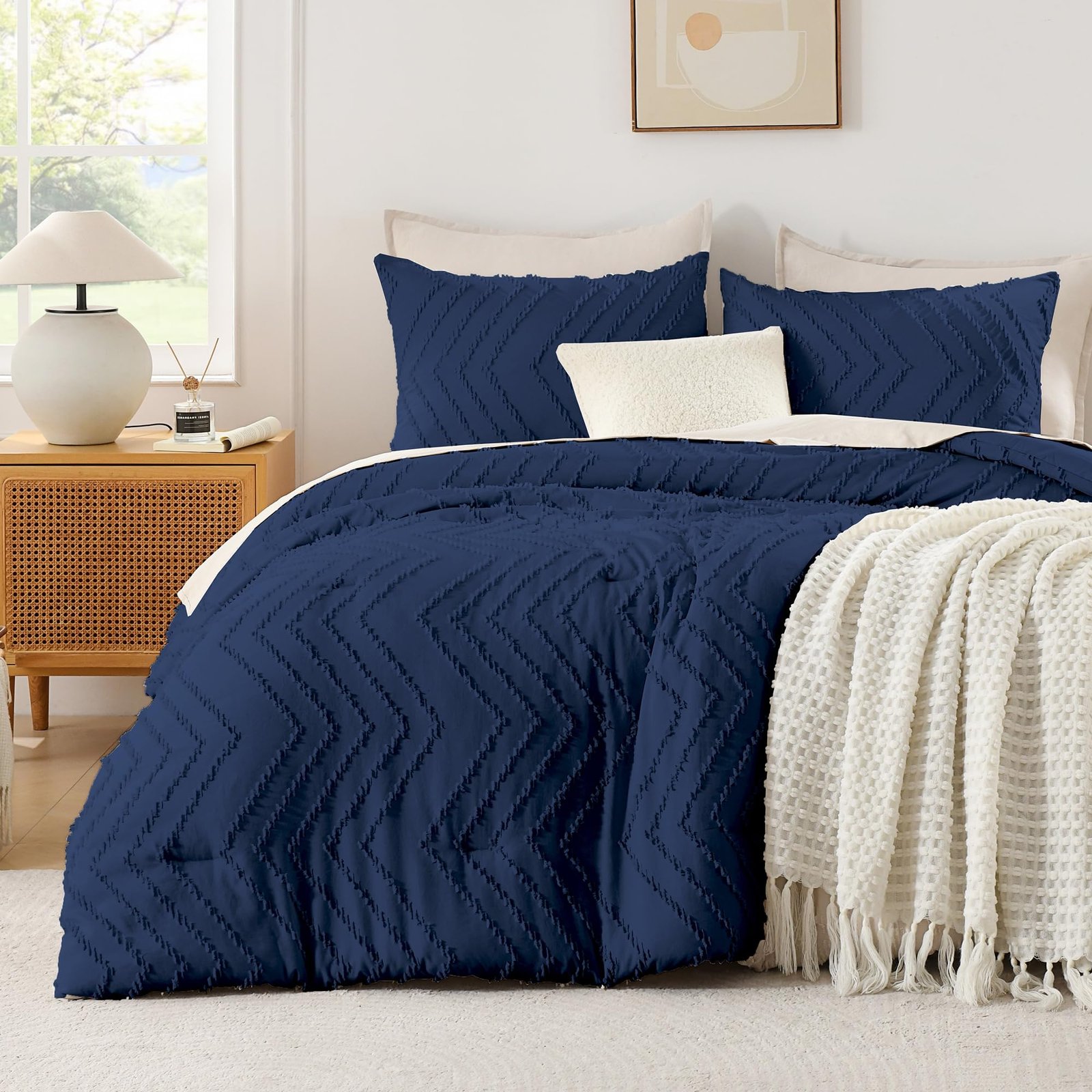 Arkmoving King Size Comforter Set Beige, Boho Cream Soft Warm Tufted Neutral Bedding Comforter Sets for King Size Bed, 3 Pieces Aesthetic Chevron Farmhouse Cute Bohemian Textured Bedding Set - Image 10