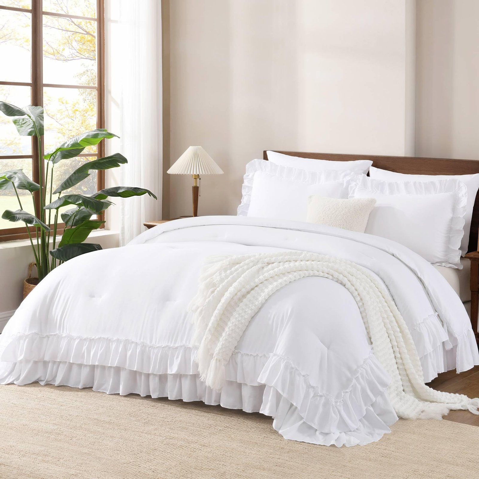Arkmoving White Comforter Set Queen Size, Lightweight Fluffy Farmhouse White Ruffle Bedding Set, Soft Microfiber All Season Shabby Chic Bed Comforter Set 3 Pieces(1 Ruffle Comforter 2 Pillowcases) - Image 2