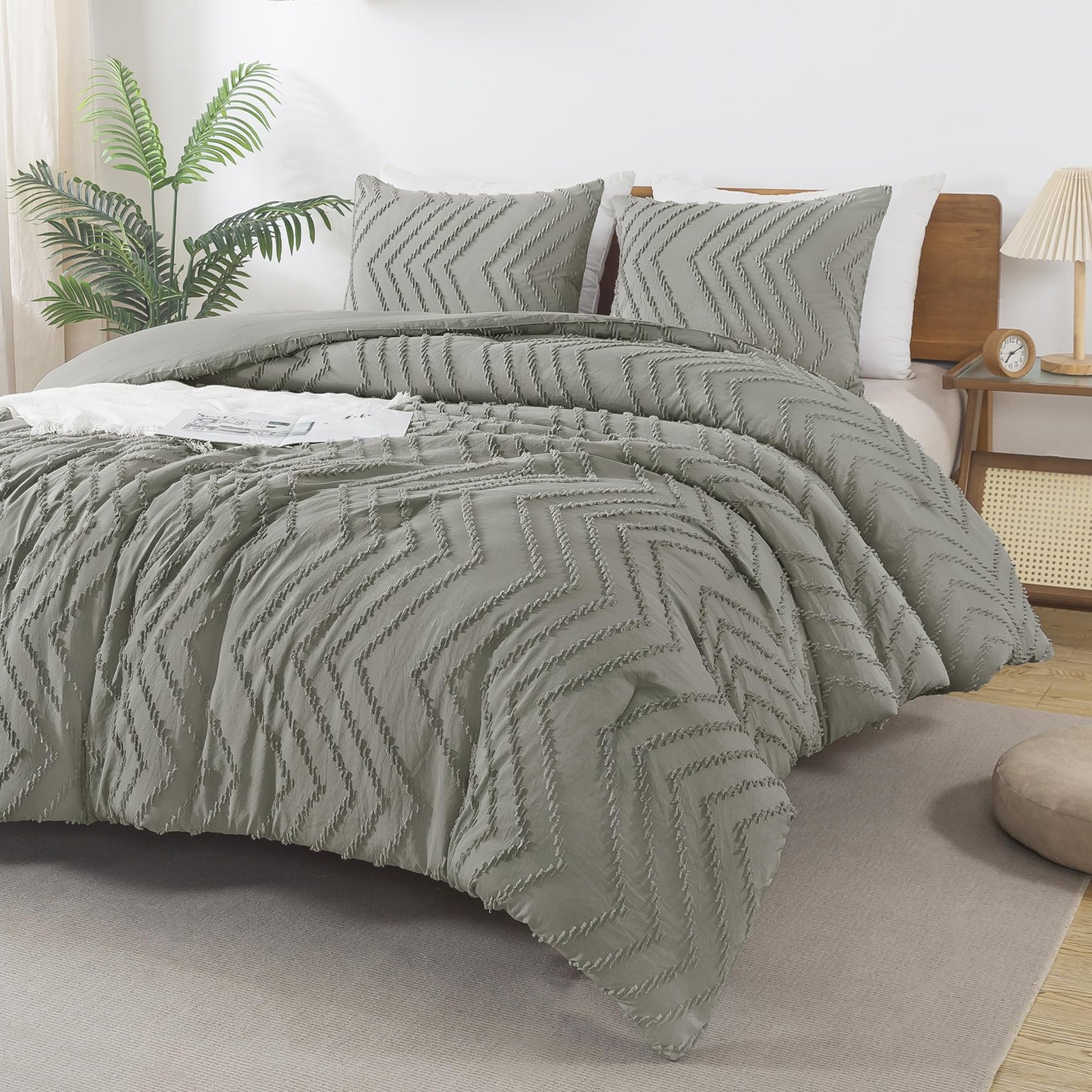 Arkmoving King Size Comforter Set Beige, Boho Cream Soft Warm Tufted Neutral Bedding Comforter Sets for King Size Bed, 3 Pieces Aesthetic Chevron Farmhouse Cute Bohemian Textured Bedding Set - Image 24