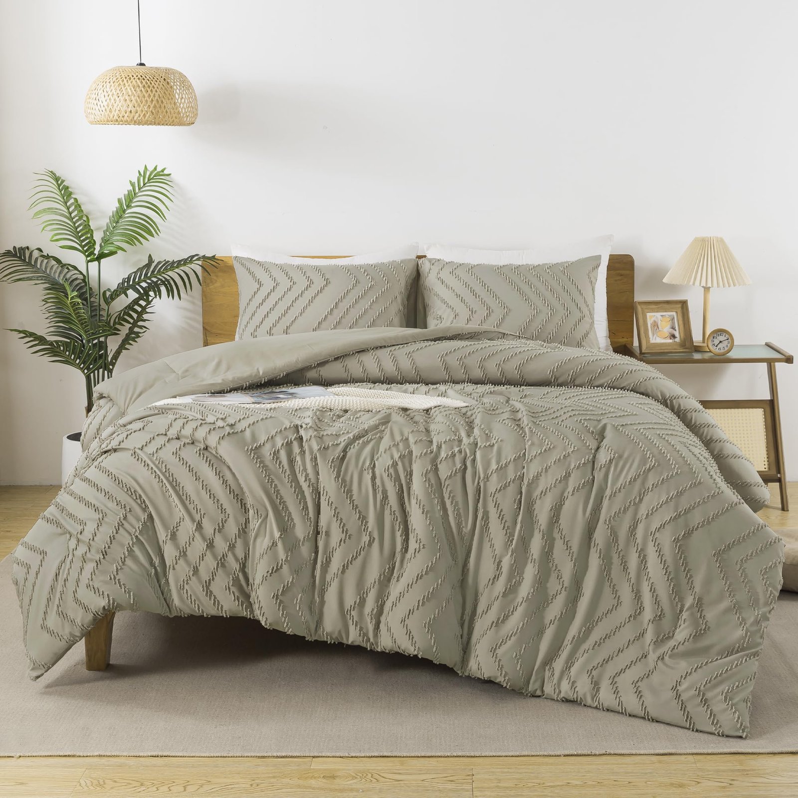 Arkmoving King Size Comforter Set Beige, Boho Cream Soft Warm Tufted Neutral Bedding Comforter Sets for King Size Bed, 3 Pieces Aesthetic Chevron Farmhouse Cute Bohemian Textured Bedding Set - Image 6