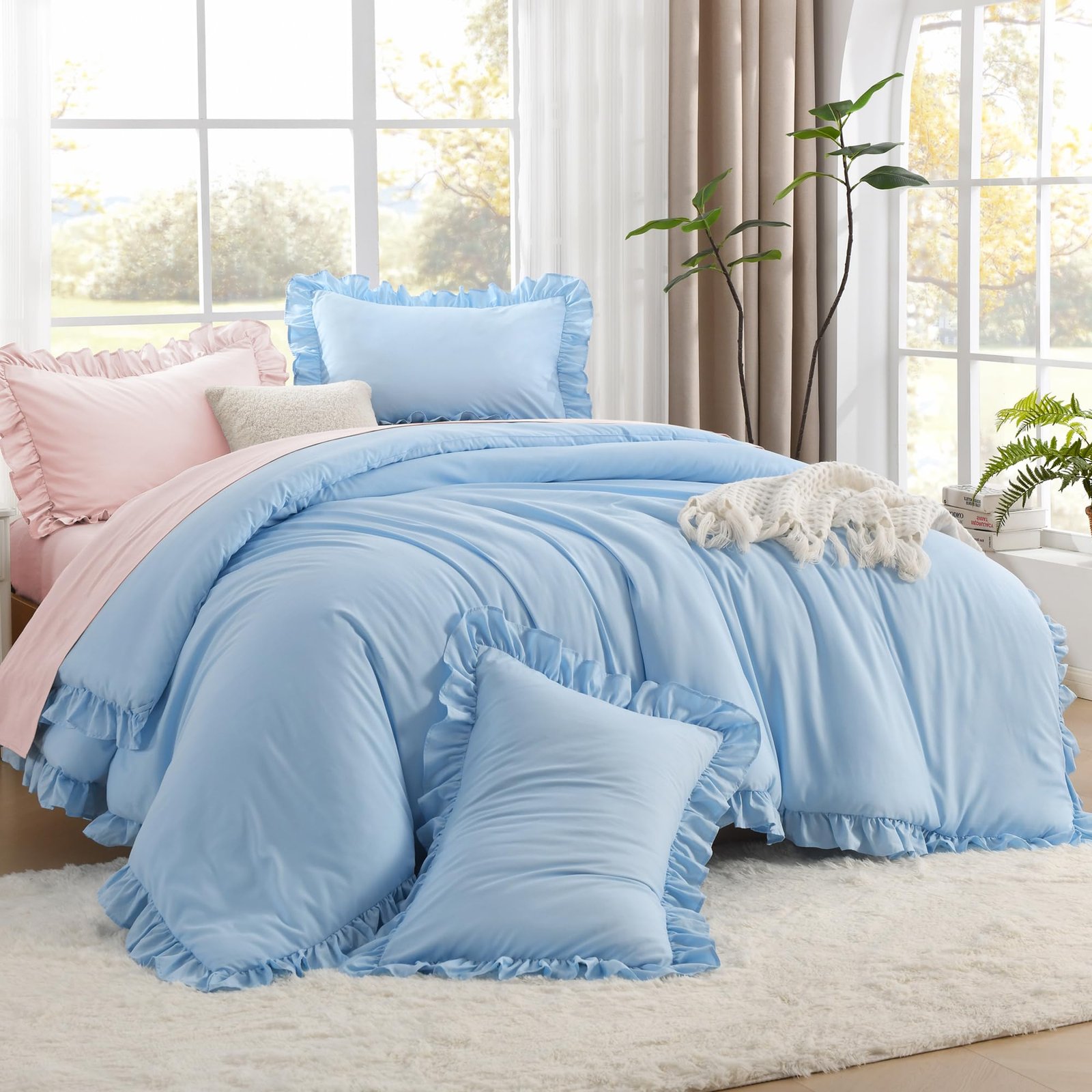Arkmoving Full Size Comforter Sets, 3 Pieces Blush Pink Ruffle Girls Women Cute Bedding Comforters & Sets, Lightweight Fluffy Microfiber as Gift (79x90In Comforter & 2 Pillowcases) - Image 4