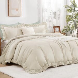 Arkmoving Gingham Duvet Cover Queen, Tan Brown Ruffle Farmhouse Shabby Chic Duvet Cover, 3 Pieces Soft Pre-Washed Microfiber Duvet Cover Set with Zipper Closure & Corner Ties, 90x90Inch