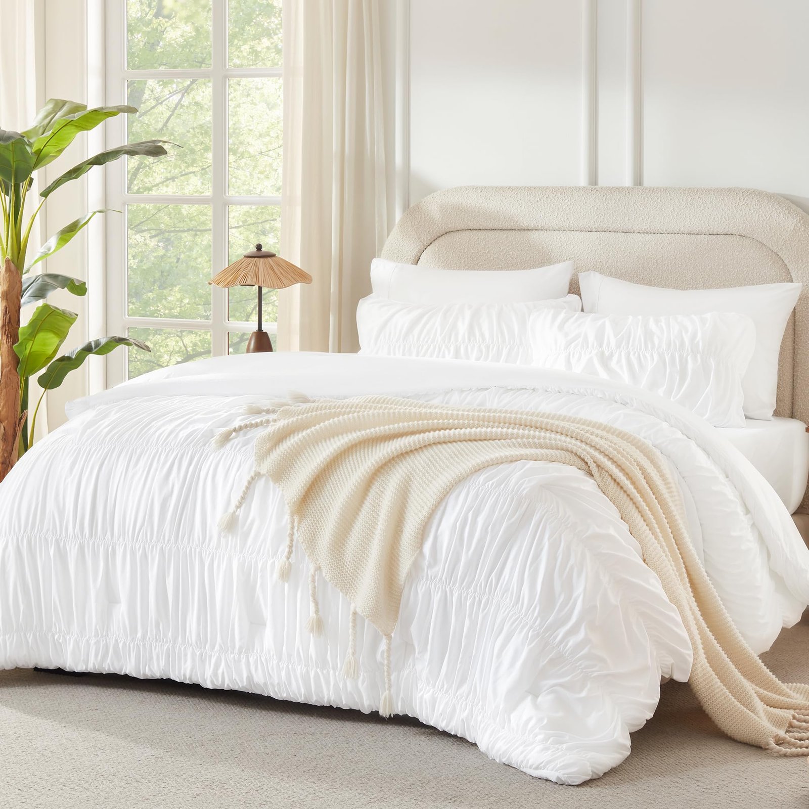 Arkmoving Ruched Beige Queen Comforter Set, Shabby Chic Pleated Bedding Sets 3 Pieces, Lightweight Soft Boho Ruffle Bed Set for Girls, Kids, Women, All Season - Image 7