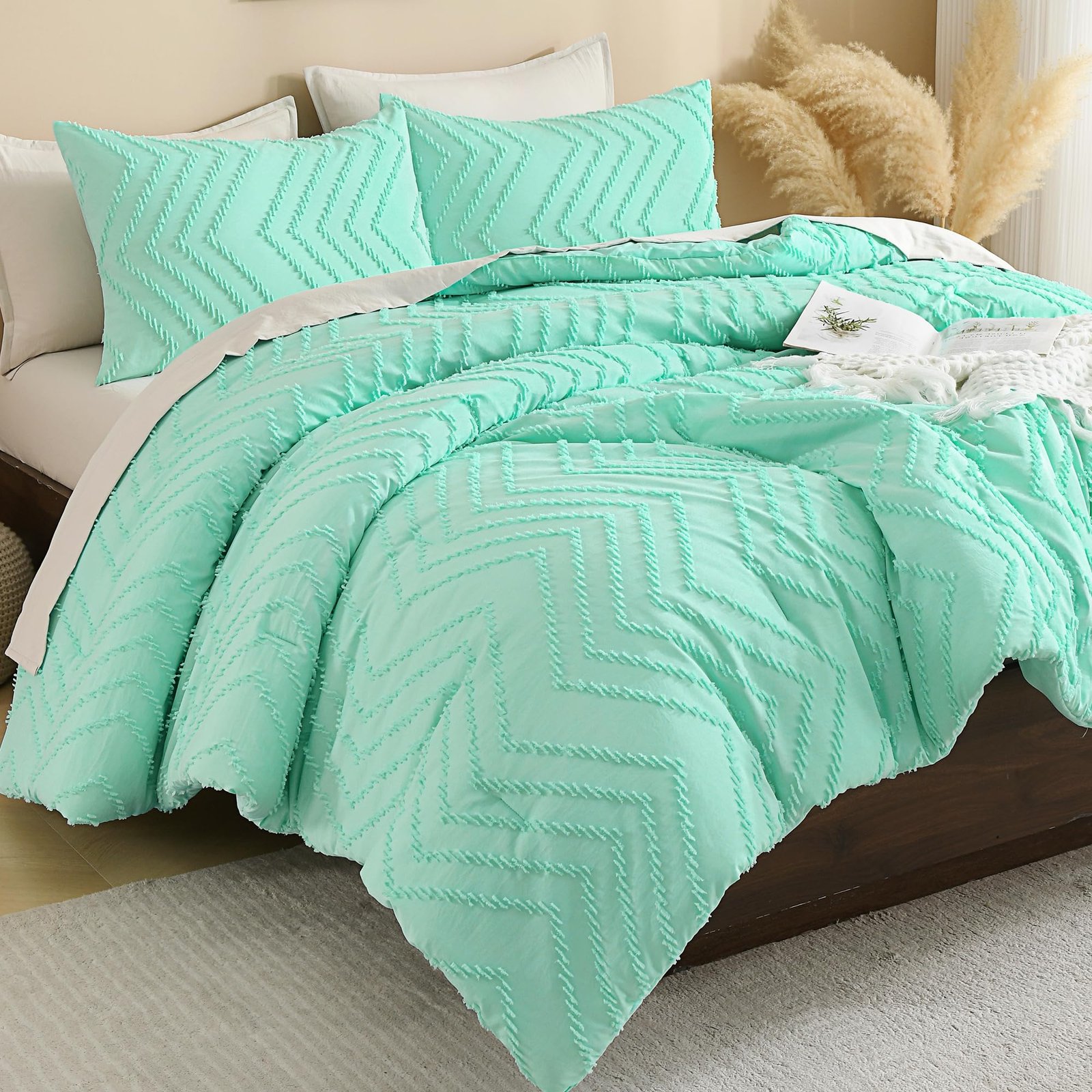 Arkmoving King Size Comforter Set Beige, Boho Cream Soft Warm Tufted Neutral Bedding Comforter Sets for King Size Bed, 3 Pieces Aesthetic Chevron Farmhouse Cute Bohemian Textured Bedding Set - Image 2