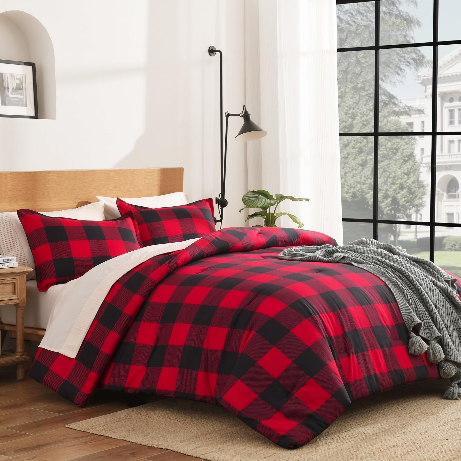 Arkmoving Red and Black Plaid Comforter Set King(104x90Inch), 3 Pieces Buffalo Plaid Checkered Gingham Bedding Comforter Sets, Soft Burgundy Lightweight Geometric Down Alternative Bed Set - Image 2