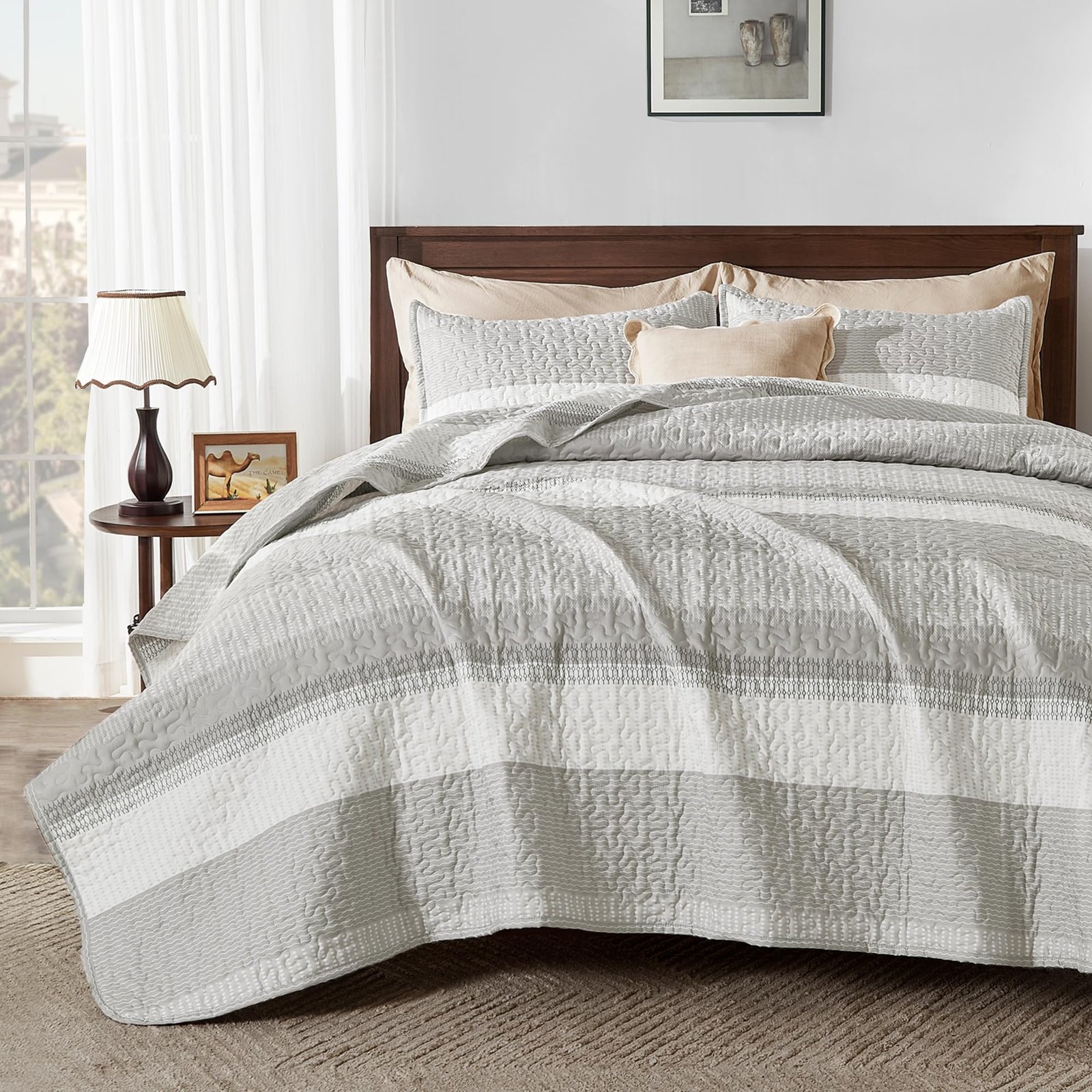 Arkmoving King Size Quilt Set Sage Green, 3 Pieces Mint Green Ultra Soft Lightweight Bedspreads & Coverlets Set, Patchwork Striped Quilted Bedding Sets for All Seasons (1 Quilt, 2 Pillow Shams) - Image 10