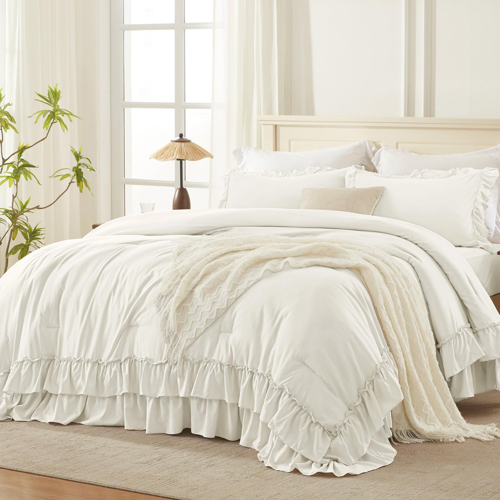 Arkmoving White Comforter Set Queen Size, Lightweight Fluffy Farmhouse White Ruffle Bedding Set, Soft Microfiber All Season Shabby Chic Bed Comforter Set 3 Pieces(1 Ruffle Comforter 2 Pillowcases) - Image 3