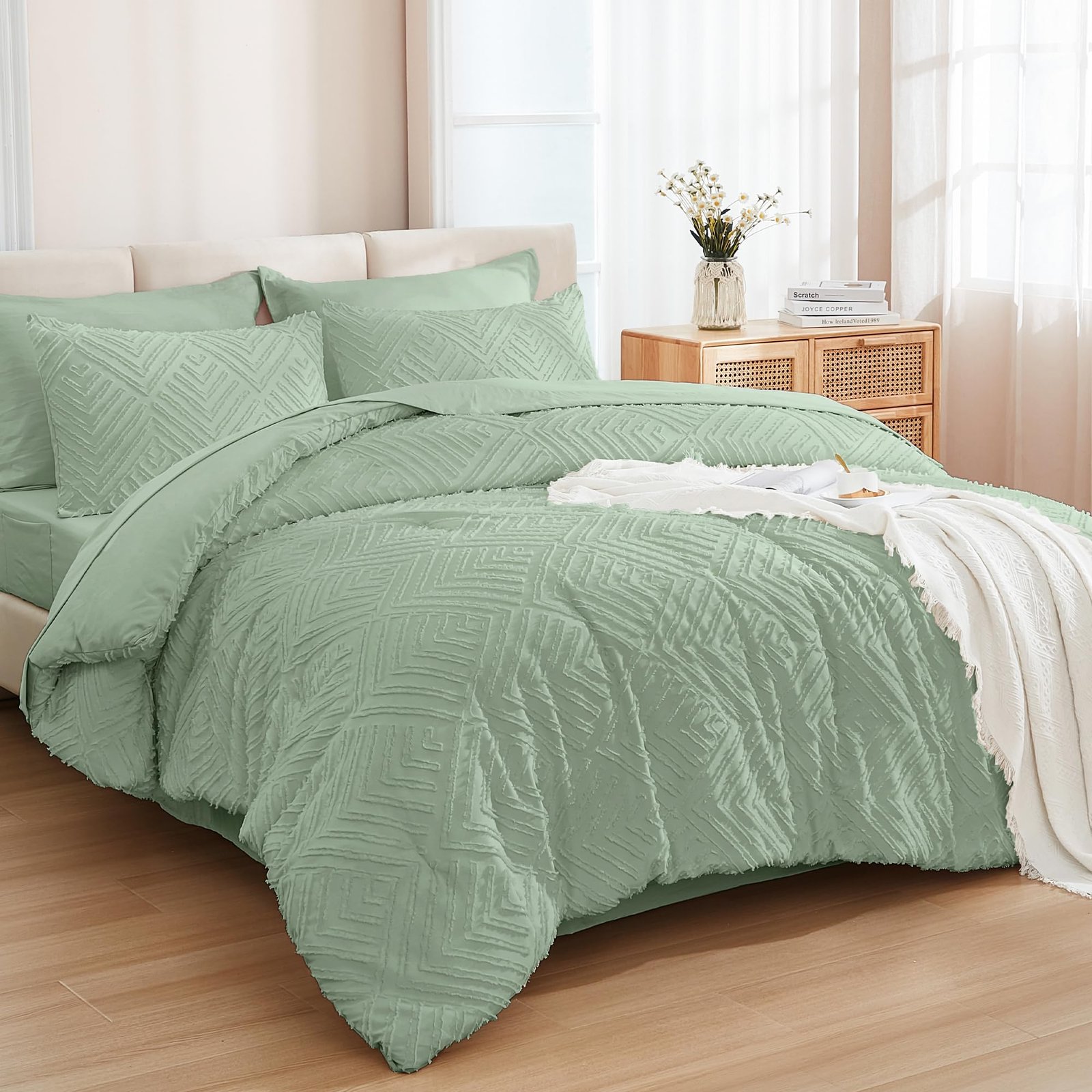 Arkmoving King Size Comforter Set 7 Pieces Dark Emerald Green - Bed in a Bag King Boho Lightweight Fluffy Tufted Bedding Sets with Quilt Comforter, Sheets, Pillowcases & Shams - Image 12