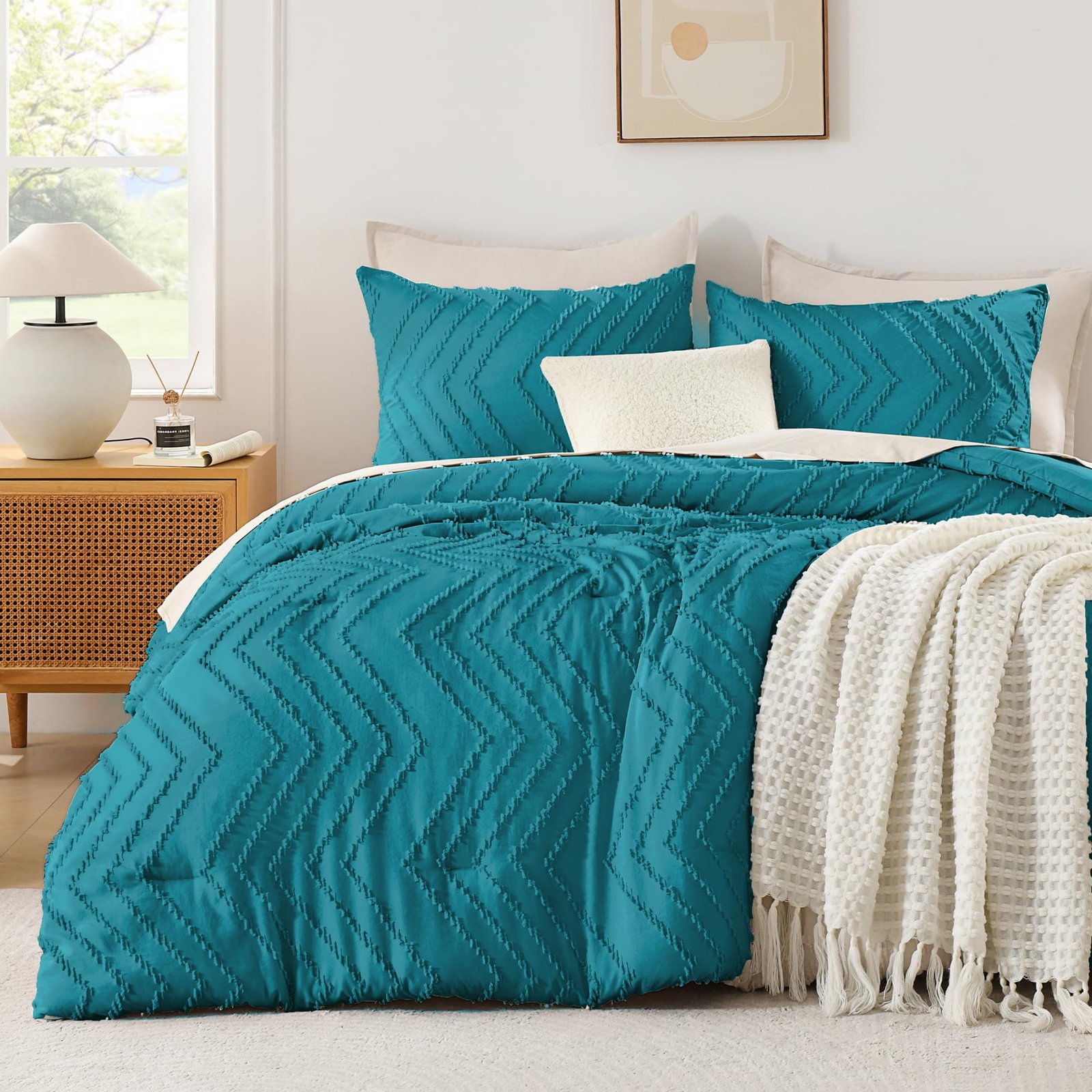 Arkmoving King Size Comforter Set Beige, Boho Cream Soft Warm Tufted Neutral Bedding Comforter Sets for King Size Bed, 3 Pieces Aesthetic Chevron Farmhouse Cute Bohemian Textured Bedding Set - Image 4