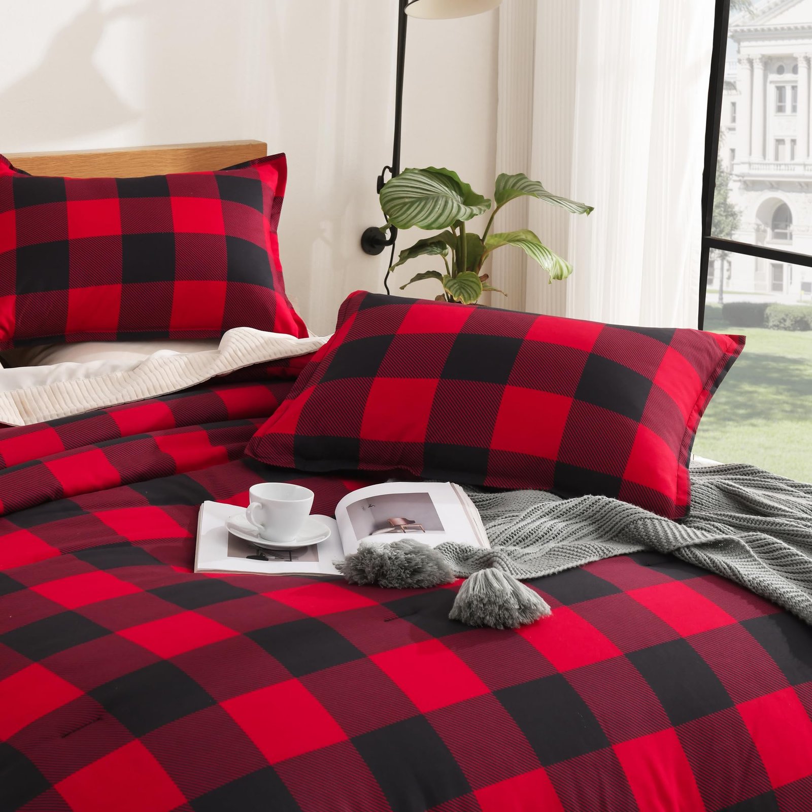 Arkmoving Red and Black Plaid Comforter Set King(104x90Inch), 3 Pieces Buffalo Plaid Checkered Gingham Bedding Comforter Sets, Soft Burgundy Lightweight Geometric Down Alternative Bed Set - Image 4