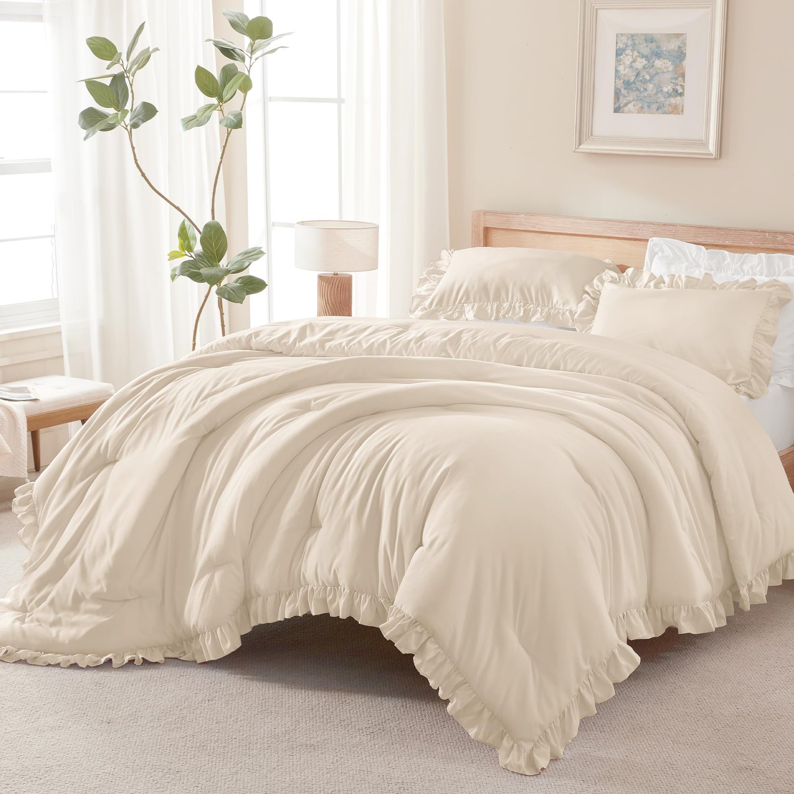 Arkmoving White Comforter Queen Size, 3 Pieces Ruffle Shabby Chic Farmhouse Queen Comforter Sets, All Season Lightweight Fluffy Room Decor Bed Set for Girls Women Teens Gift Choice