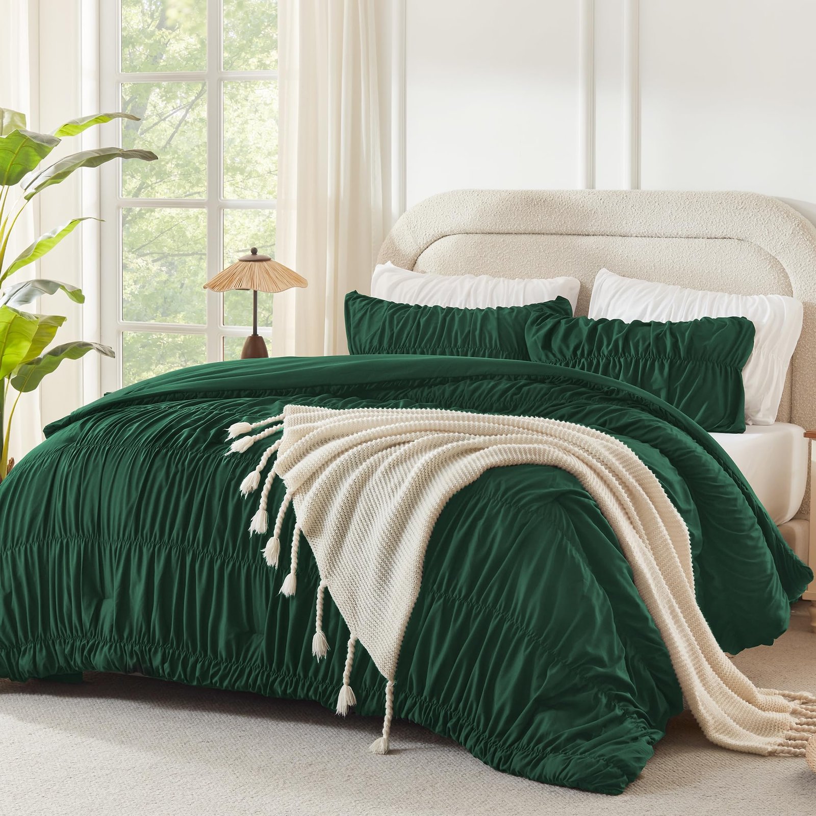 Arkmoving Ruched Beige Queen Comforter Set, Shabby Chic Pleated Bedding Sets 3 Pieces, Lightweight Soft Boho Ruffle Bed Set for Girls, Kids, Women, All Season - Image 4