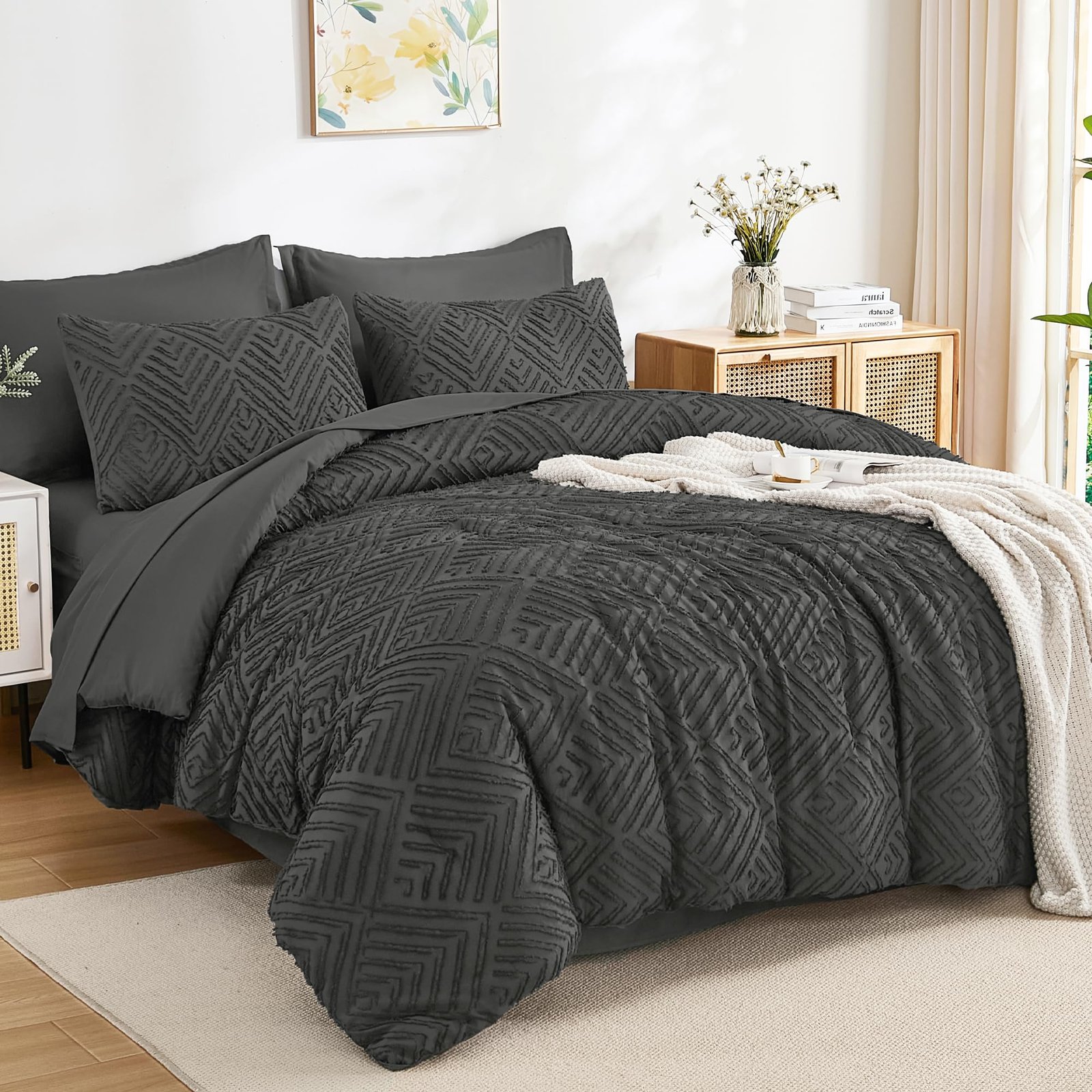 Arkmoving King Size Comforter Set 7 Pieces Dark Emerald Green - Bed in a Bag King Boho Lightweight Fluffy Tufted Bedding Sets with Quilt Comforter, Sheets, Pillowcases & Shams - Image 16