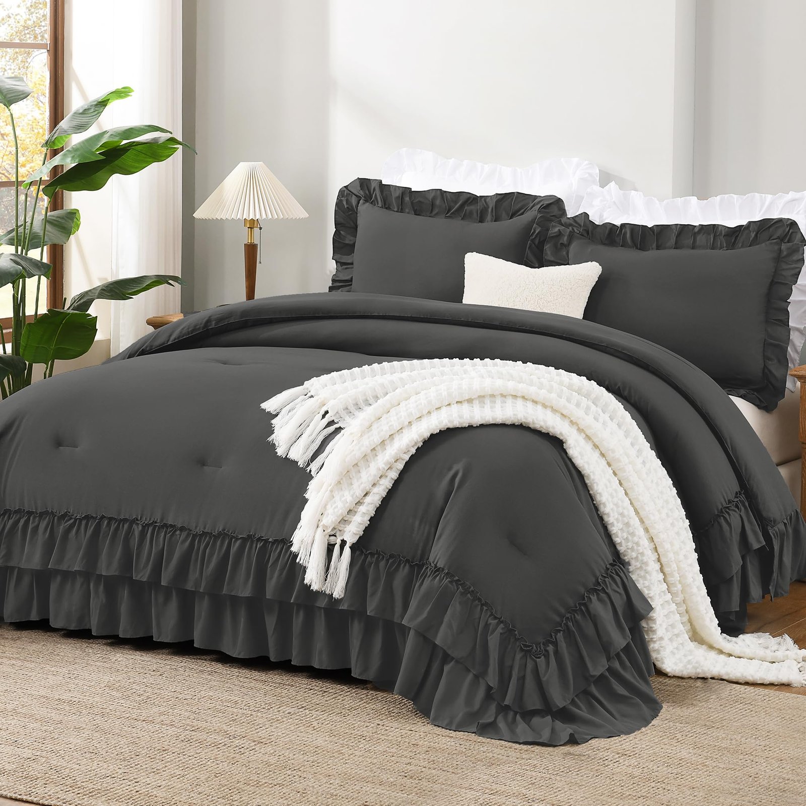 Arkmoving White Comforter Set Queen Size, Lightweight Fluffy Farmhouse White Ruffle Bedding Set, Soft Microfiber All Season Shabby Chic Bed Comforter Set 3 Pieces(1 Ruffle Comforter 2 Pillowcases) - Image 4