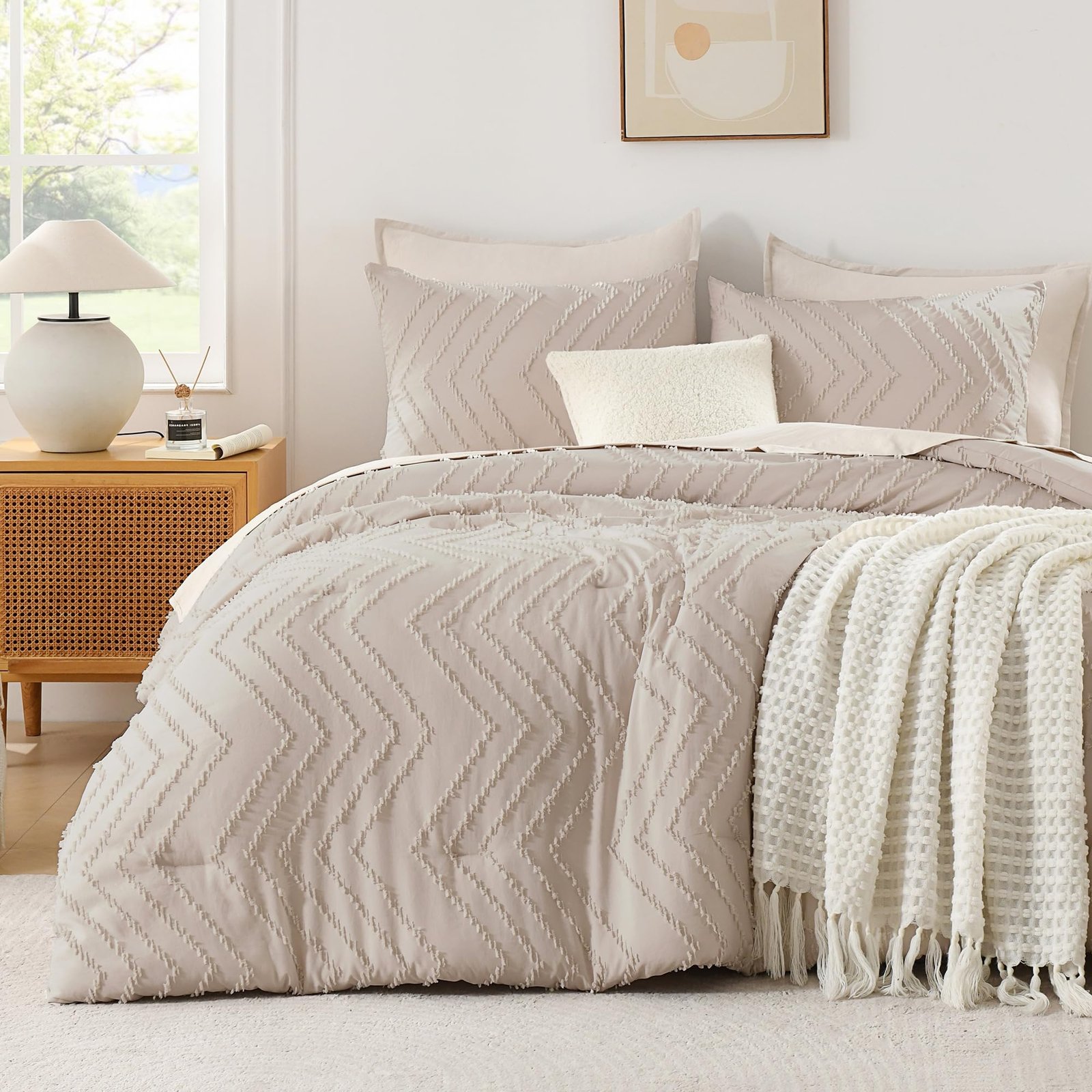 Arkmoving King Size Comforter Set Beige, Boho Cream Soft Warm Tufted Neutral Bedding Comforter Sets for King Size Bed, 3 Pieces Aesthetic Chevron Farmhouse Cute Bohemian Textured Bedding Set - Image 21