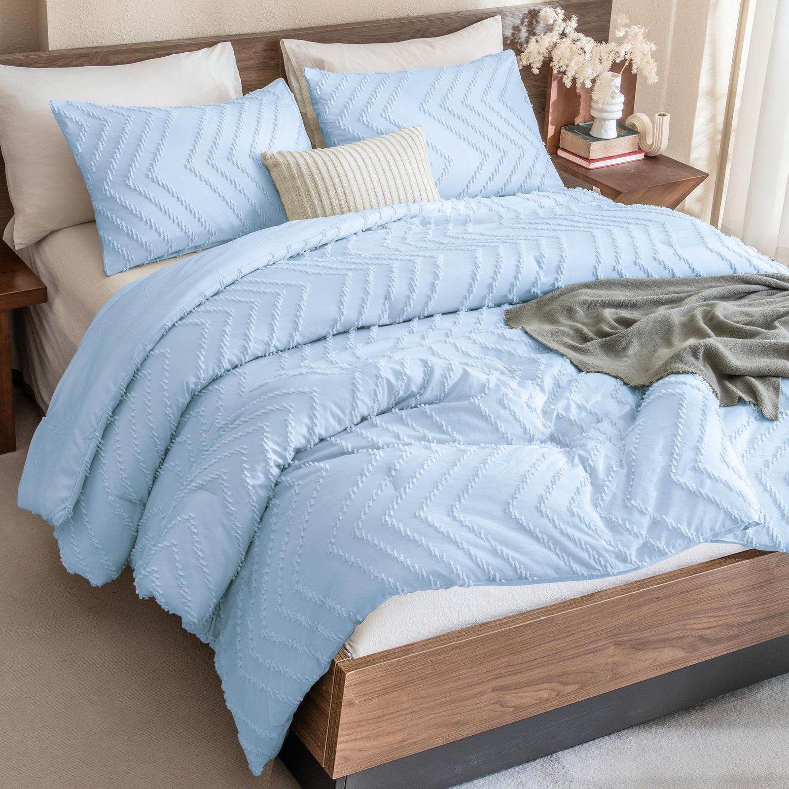 Arkmoving King Size Comforter Set Beige, Boho Cream Soft Warm Tufted Neutral Bedding Comforter Sets for King Size Bed, 3 Pieces Aesthetic Chevron Farmhouse Cute Bohemian Textured Bedding Set - Image 11