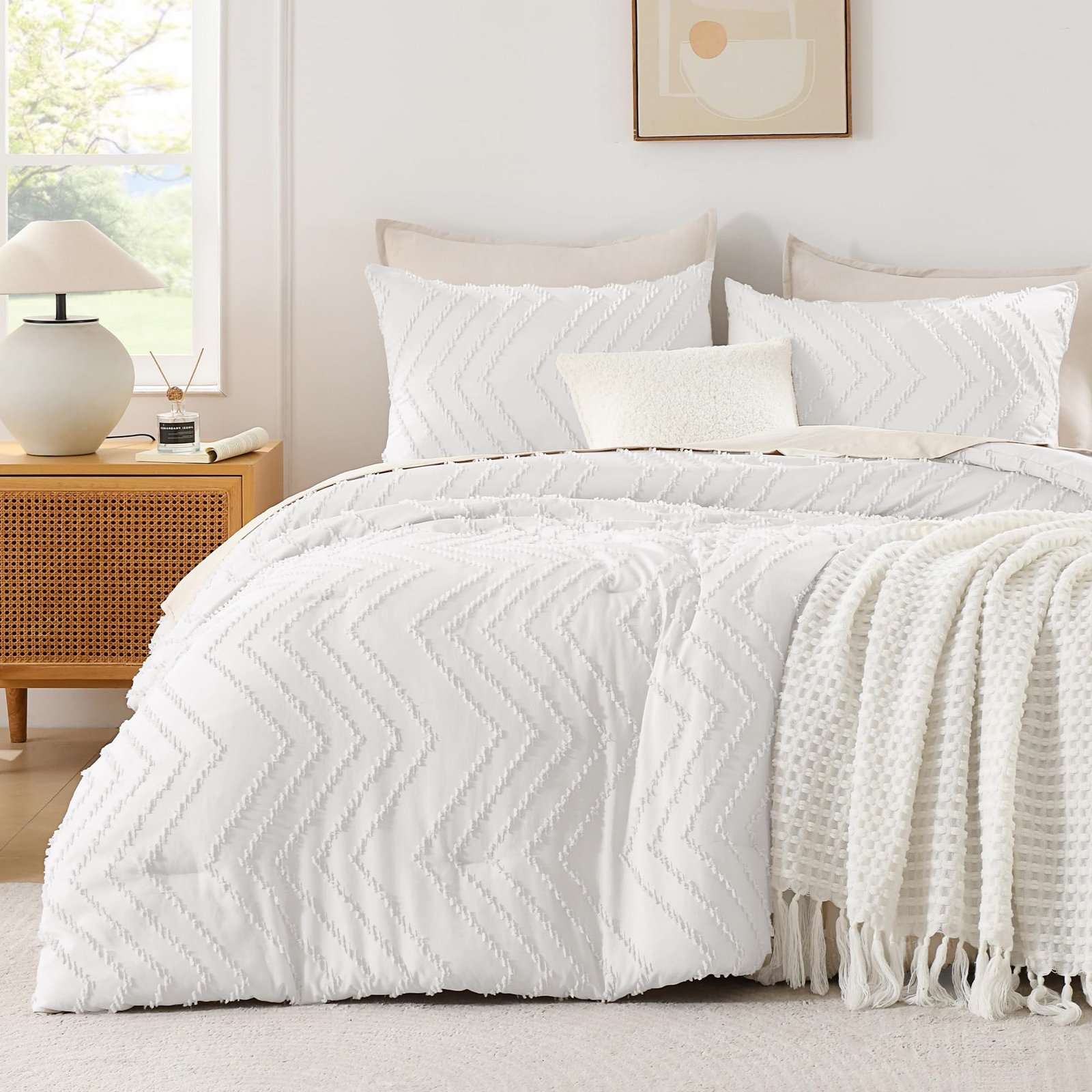 Arkmoving King Size Comforter Set Beige, Boho Cream Soft Warm Tufted Neutral Bedding Comforter Sets for King Size Bed, 3 Pieces Aesthetic Chevron Farmhouse Cute Bohemian Textured Bedding Set - Image 8