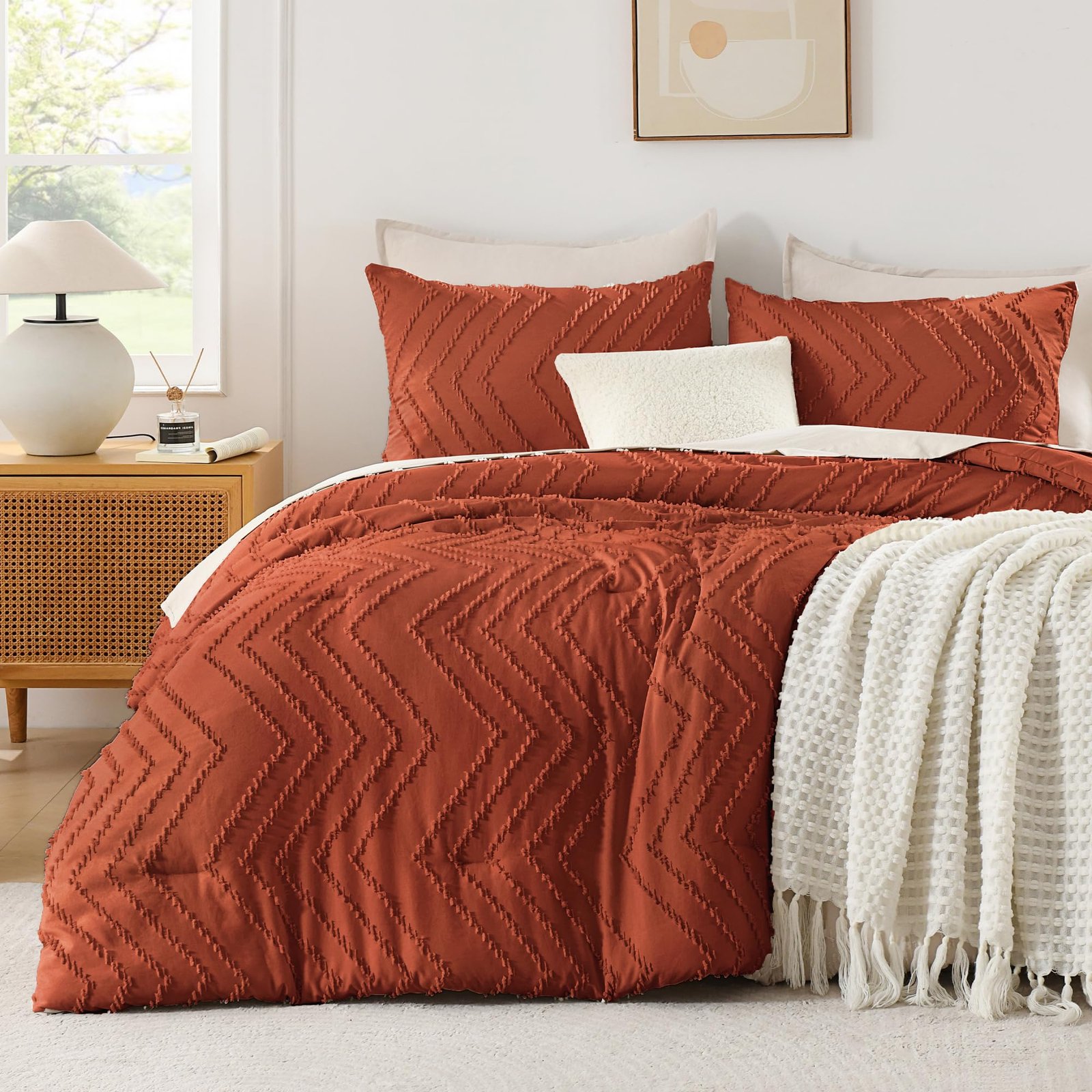 Arkmoving King Size Comforter Set Beige, Boho Cream Soft Warm Tufted Neutral Bedding Comforter Sets for King Size Bed, 3 Pieces Aesthetic Chevron Farmhouse Cute Bohemian Textured Bedding Set - Image 12