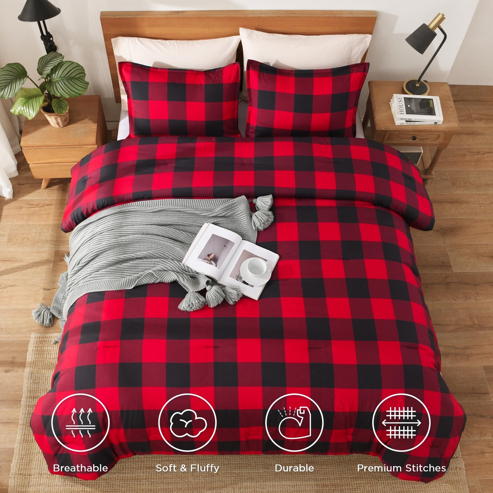Arkmoving Red and Black Plaid Comforter Set King(104x90Inch), 3 Pieces Buffalo Plaid Checkered Gingham Bedding Comforter Sets, Soft Burgundy Lightweight Geometric Down Alternative Bed Set - Image 8