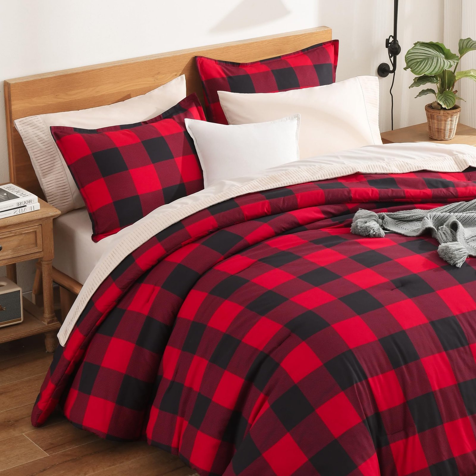 Arkmoving Red and Black Plaid Comforter Set King(104x90Inch), 3 Pieces Buffalo Plaid Checkered Gingham Bedding Comforter Sets, Soft Burgundy Lightweight Geometric Down Alternative Bed Set