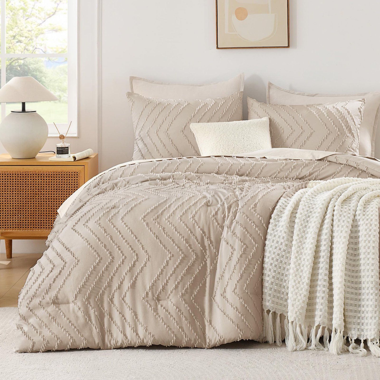 Arkmoving King Size Comforter Set Beige, Boho Cream Soft Warm Tufted Neutral Bedding Comforter Sets for King Size Bed, 3 Pieces Aesthetic Chevron Farmhouse Cute Bohemian Textured Bedding Set - Image 23
