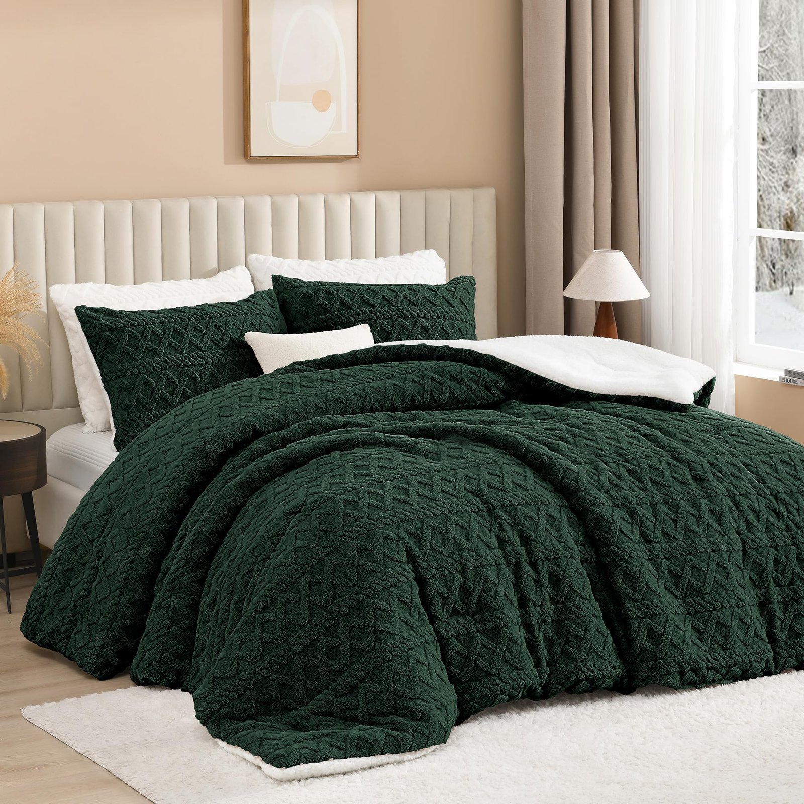 Arkmoving Fluffy Sherpa King Comforter Set, Super Soft Khaki Fleece Warm Bedding for Winter, Luxury Jacquard Boho Thick Fuzzy Plush Bed Set 3 Pieces(1 Shaggy Comforter, 2 Pillowcases) - Image 3