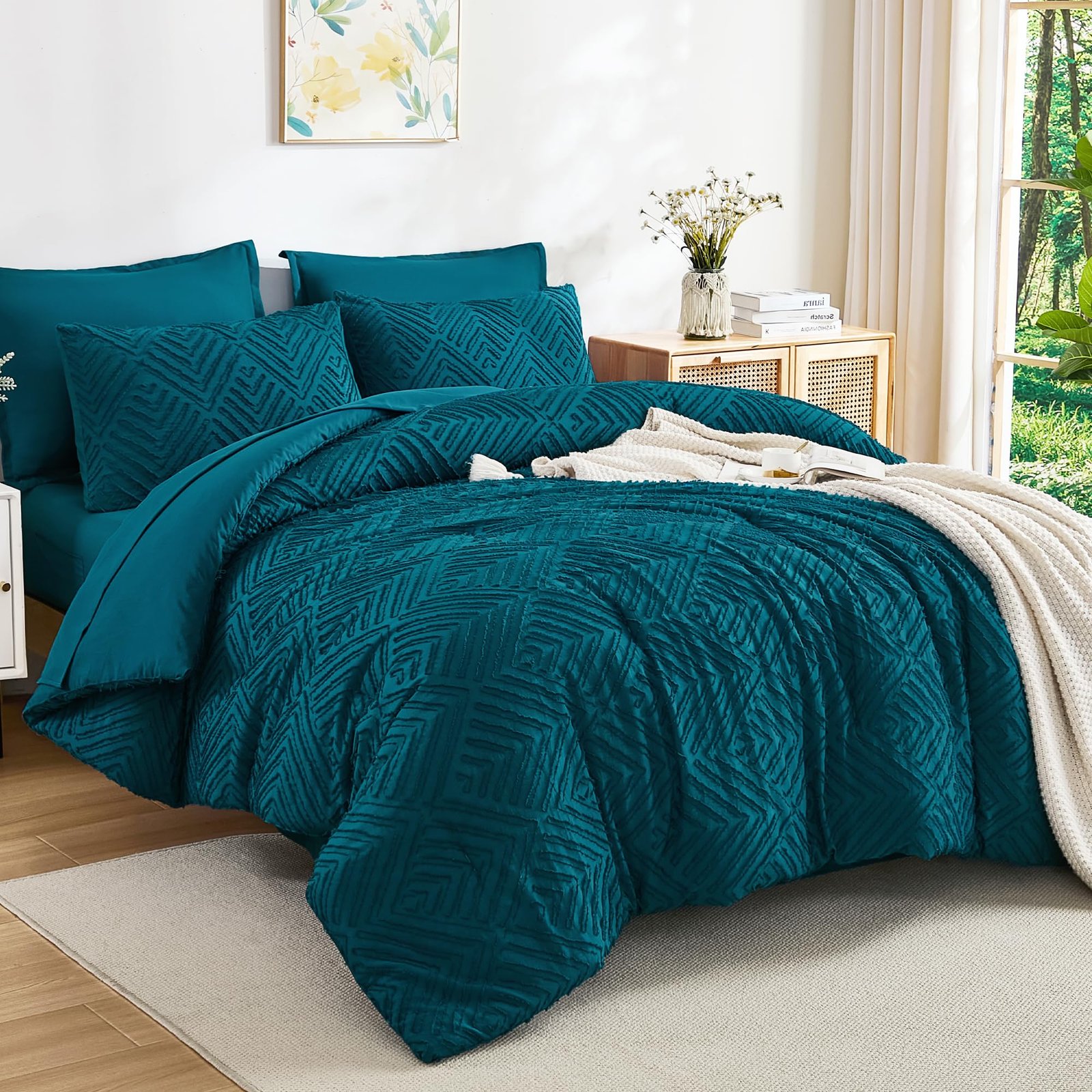 Arkmoving King Size Comforter Set 7 Pieces Dark Emerald Green - Bed in a Bag King Boho Lightweight Fluffy Tufted Bedding Sets with Quilt Comforter, Sheets, Pillowcases & Shams - Image 13