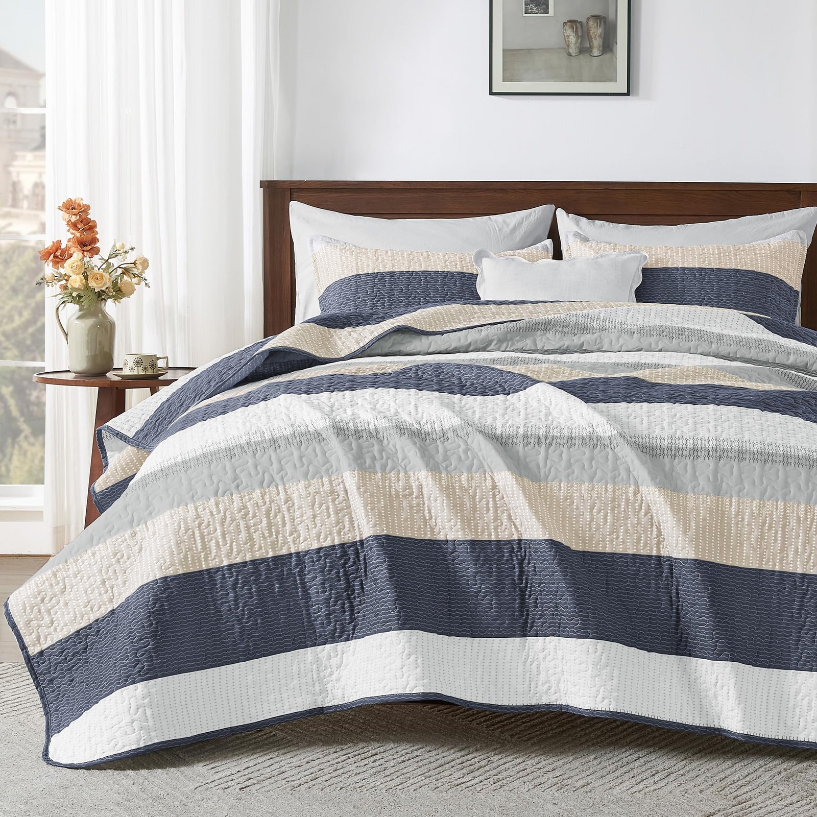 Arkmoving King Size Quilt Set Sage Green, 3 Pieces Mint Green Ultra Soft Lightweight Bedspreads & Coverlets Set, Patchwork Striped Quilted Bedding Sets for All Seasons (1 Quilt, 2 Pillow Shams) - Image 14