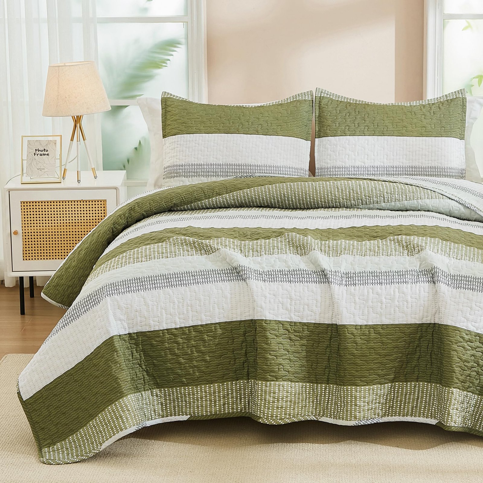 Arkmoving King Size Quilt Set Sage Green, 3 Pieces Mint Green Ultra Soft Lightweight Bedspreads & Coverlets Set, Patchwork Striped Quilted Bedding Sets for All Seasons (1 Quilt, 2 Pillow Shams) - Image 32