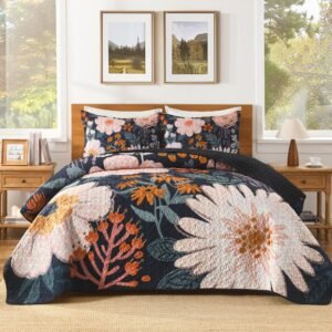 Arkmoving Floral Boho Quilt King Size Bedding Set Black, 3 Pieces Farmhouse Flower Botanical Summer Bedspreads with 2 Shams, Soft Reversible Lightweight Microfiber Coverlet Set for All Season, 106