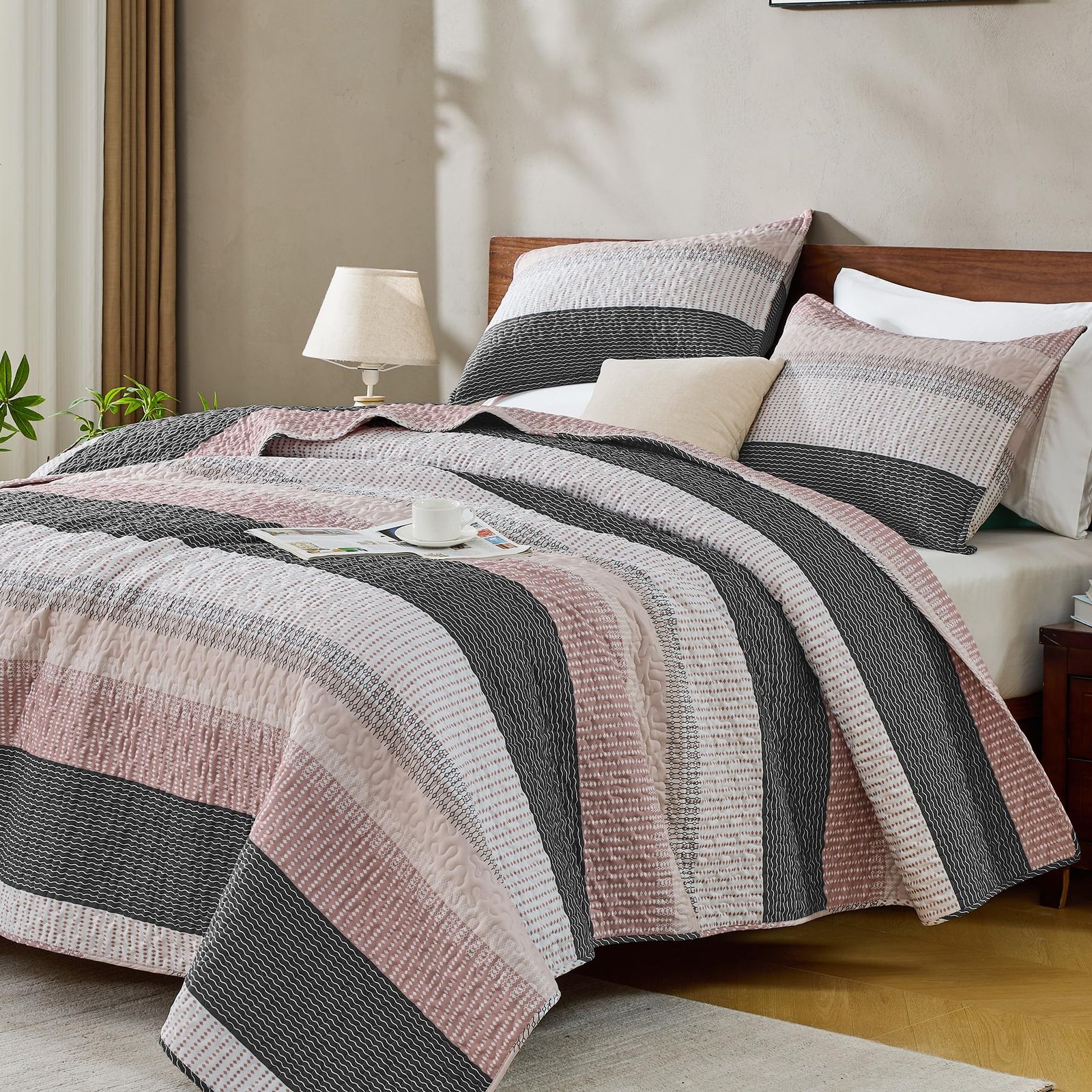 Arkmoving King Size Quilt Set Sage Green, 3 Pieces Mint Green Ultra Soft Lightweight Bedspreads & Coverlets Set, Patchwork Striped Quilted Bedding Sets for All Seasons (1 Quilt, 2 Pillow Shams) - Image 19