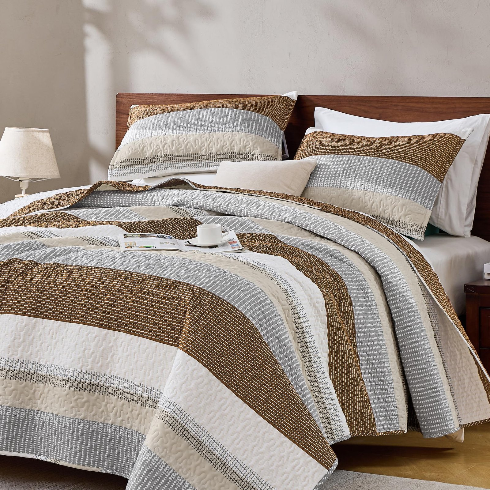 Arkmoving King Size Quilt Set Sage Green, 3 Pieces Mint Green Ultra Soft Lightweight Bedspreads & Coverlets Set, Patchwork Striped Quilted Bedding Sets for All Seasons (1 Quilt, 2 Pillow Shams) - Image 24