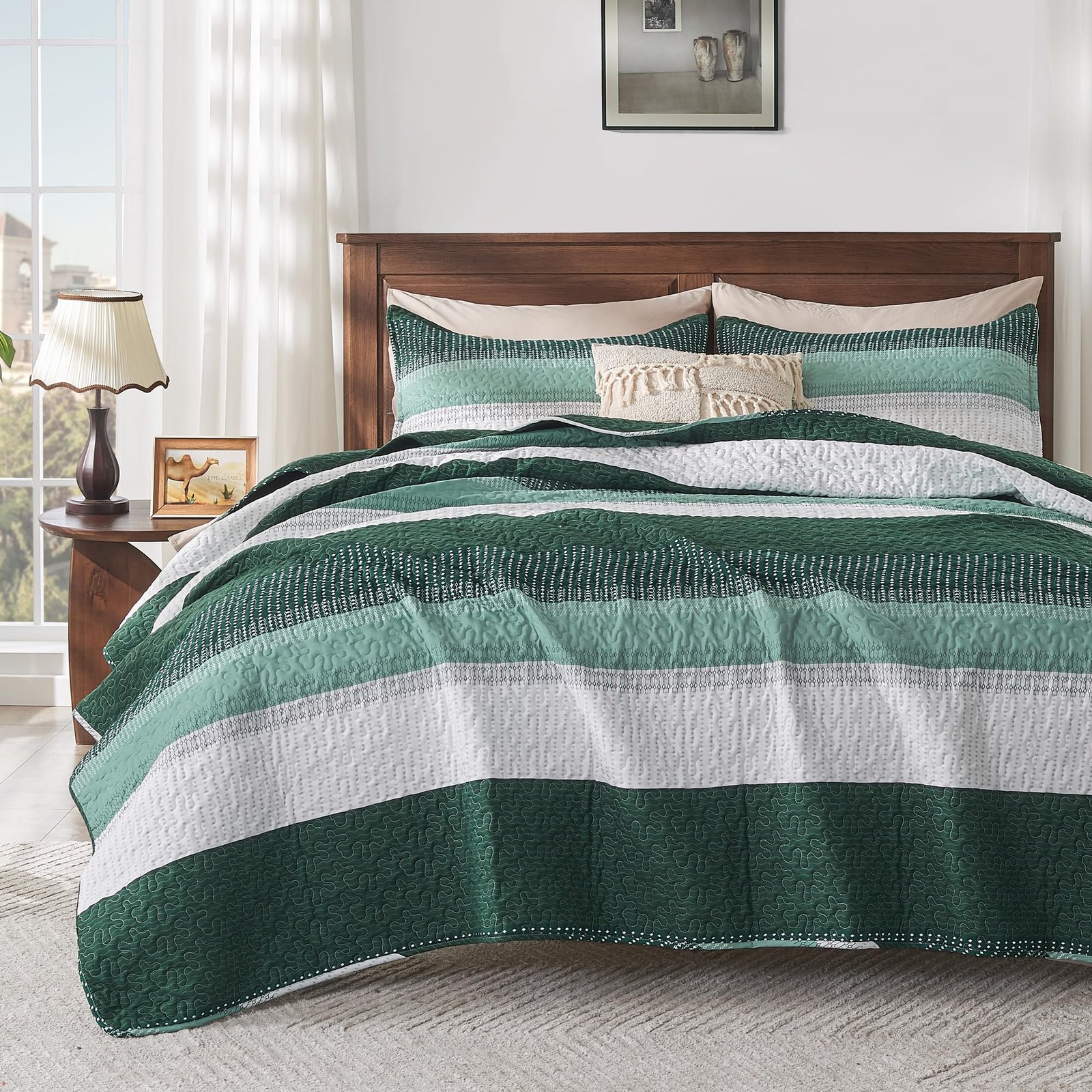 Arkmoving King Size Quilt Set Sage Green, 3 Pieces Mint Green Ultra Soft Lightweight Bedspreads & Coverlets Set, Patchwork Striped Quilted Bedding Sets for All Seasons (1 Quilt, 2 Pillow Shams) - Image 16