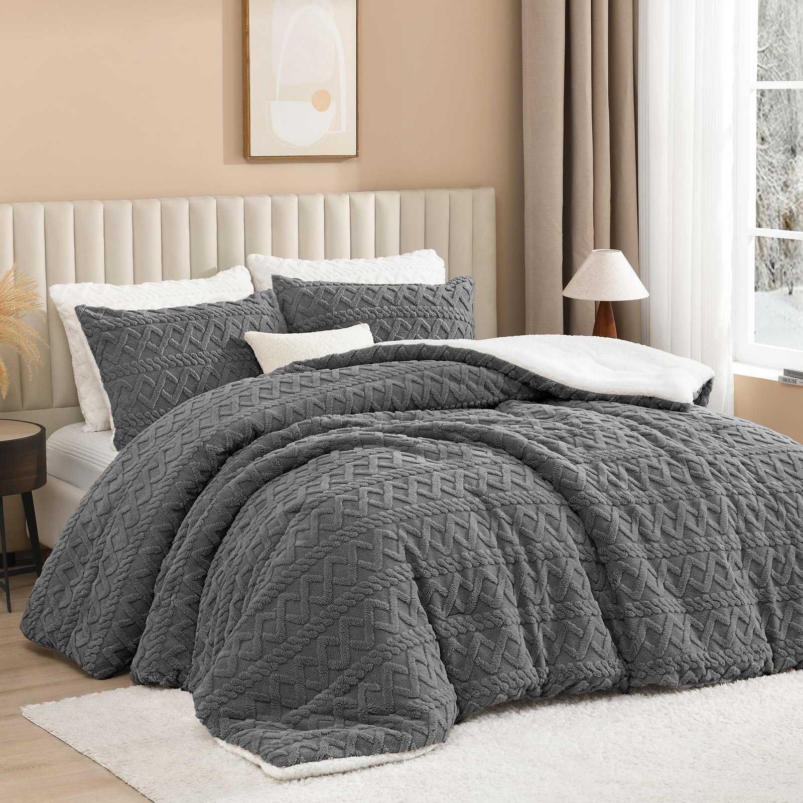 Arkmoving Fluffy Sherpa King Comforter Set, Super Soft Khaki Fleece Warm Bedding for Winter, Luxury Jacquard Boho Thick Fuzzy Plush Bed Set 3 Pieces(1 Shaggy Comforter, 2 Pillowcases) - Image 5