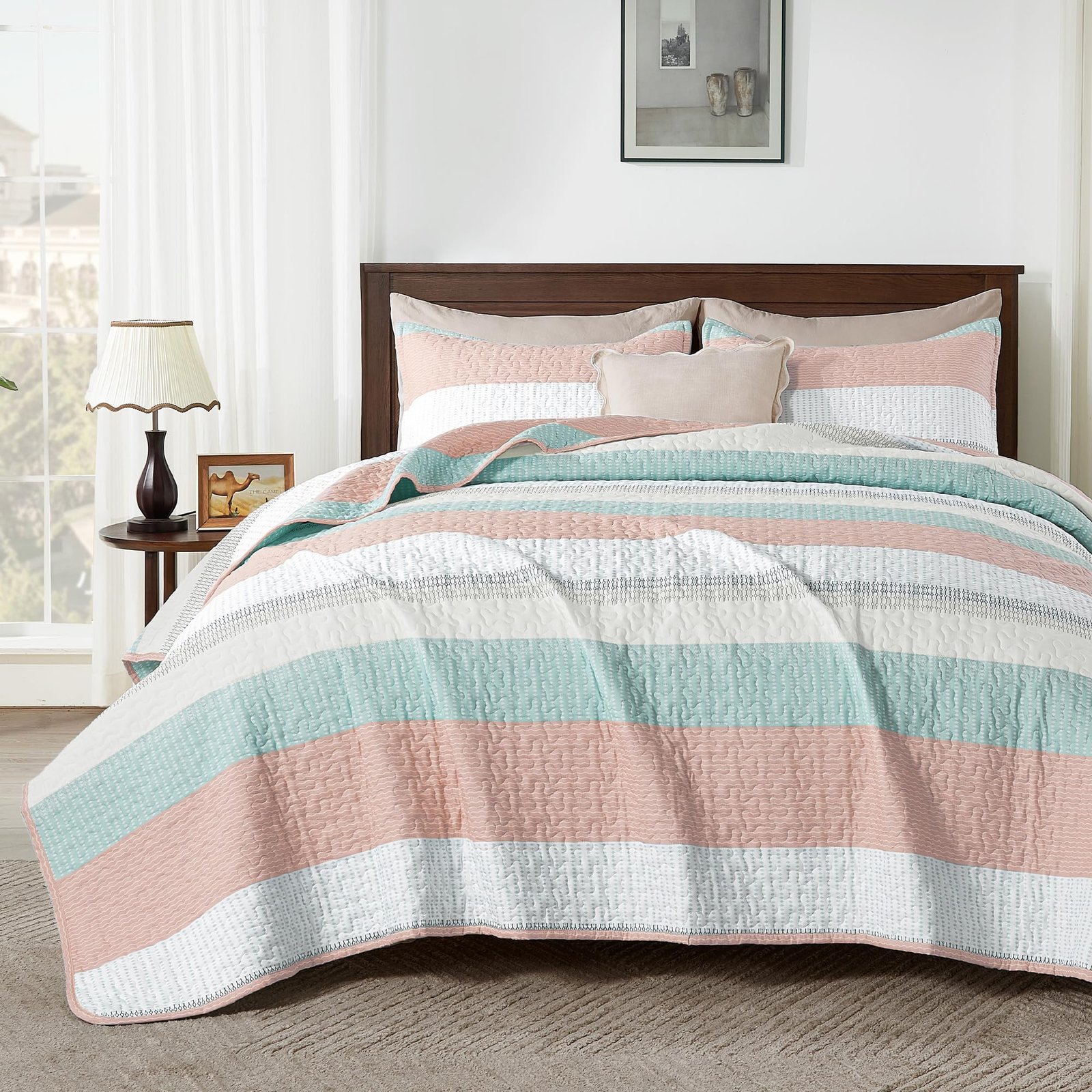 Arkmoving King Size Quilt Set Sage Green, 3 Pieces Mint Green Ultra Soft Lightweight Bedspreads & Coverlets Set, Patchwork Striped Quilted Bedding Sets for All Seasons (1 Quilt, 2 Pillow Shams) - Image 9