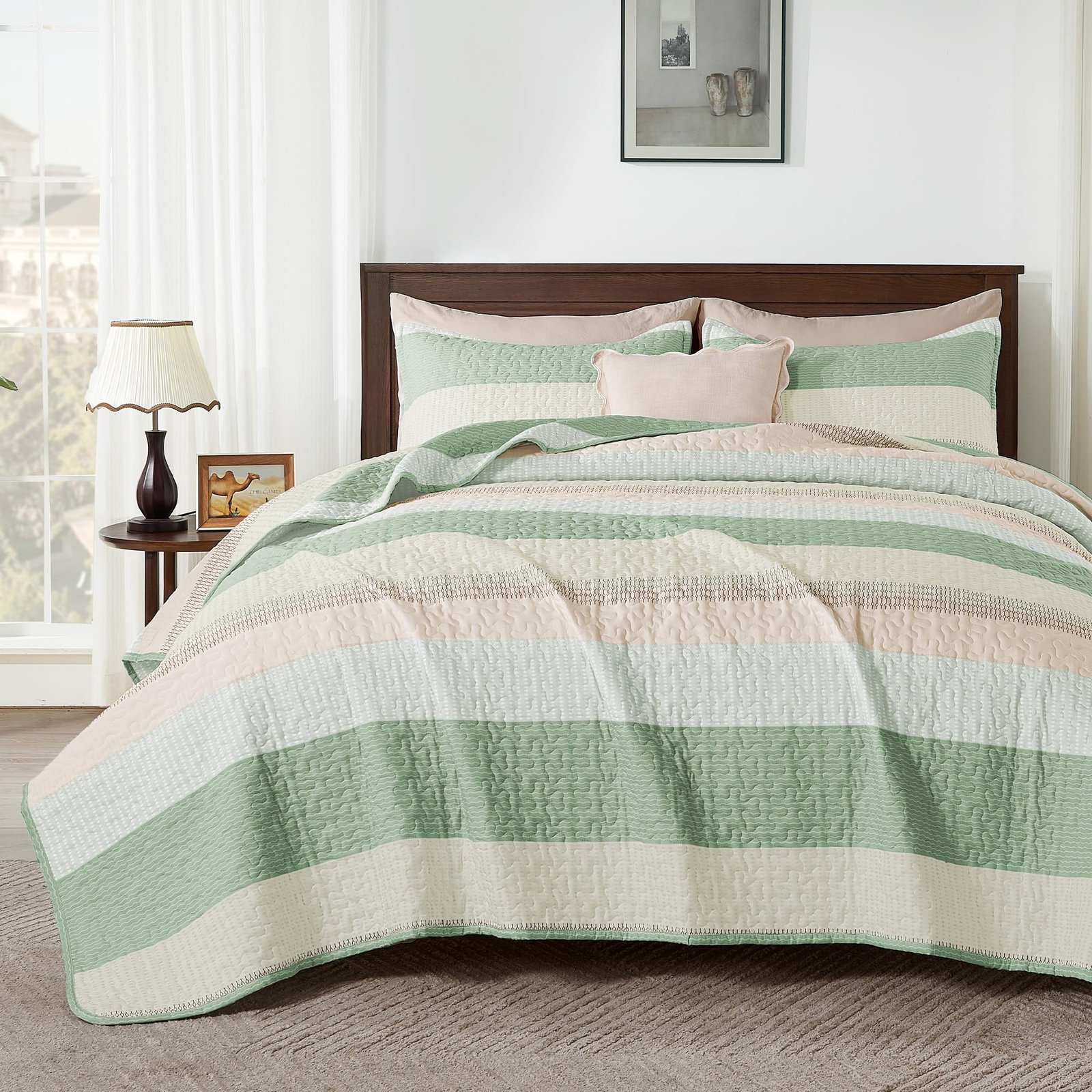 Arkmoving King Size Quilt Set Sage Green, 3 Pieces Mint Green Ultra Soft Lightweight Bedspreads & Coverlets Set, Patchwork Striped Quilted Bedding Sets for All Seasons (1 Quilt, 2 Pillow Shams) - Image 13