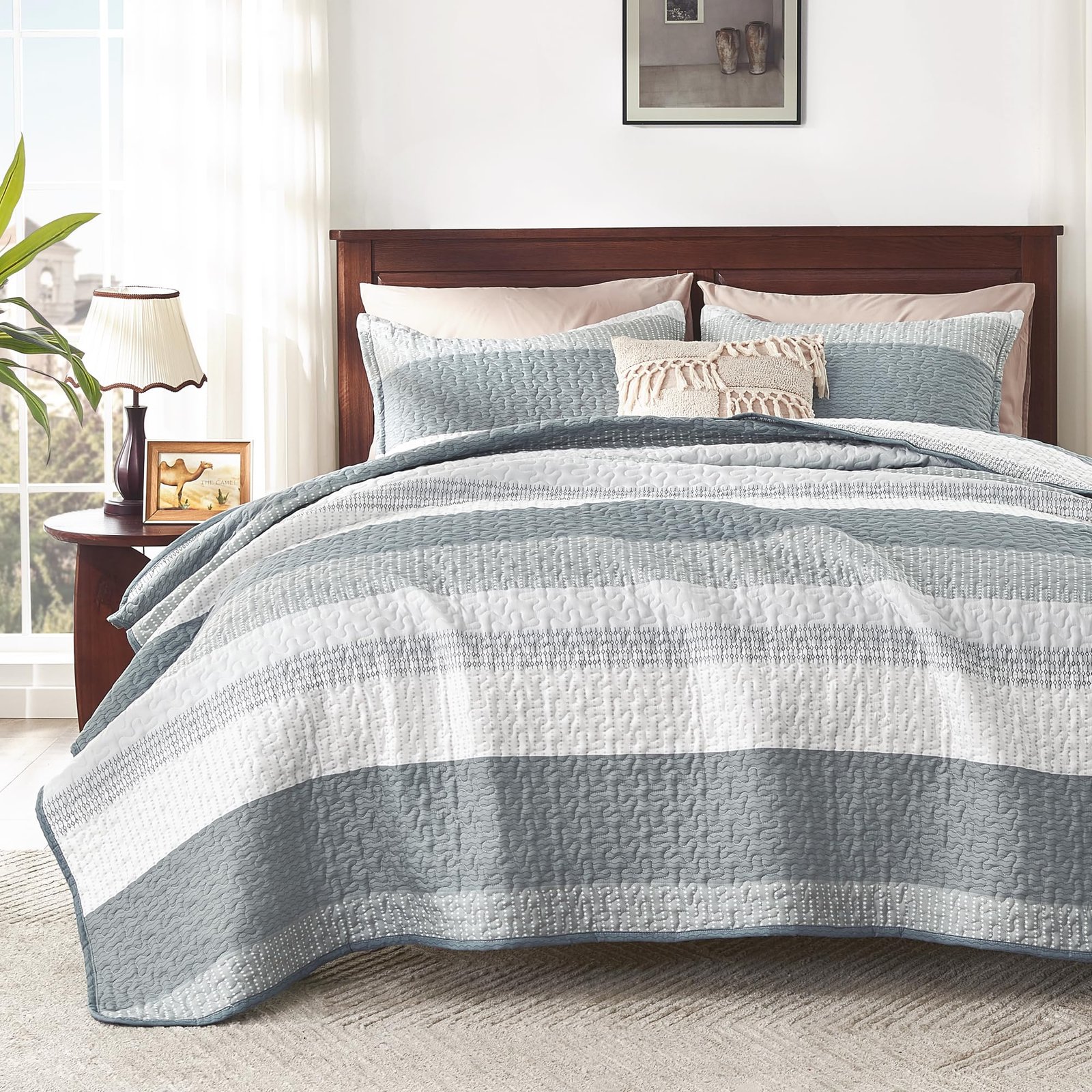 Arkmoving King Size Quilt Set Sage Green, 3 Pieces Mint Green Ultra Soft Lightweight Bedspreads & Coverlets Set, Patchwork Striped Quilted Bedding Sets for All Seasons (1 Quilt, 2 Pillow Shams) - Image 3