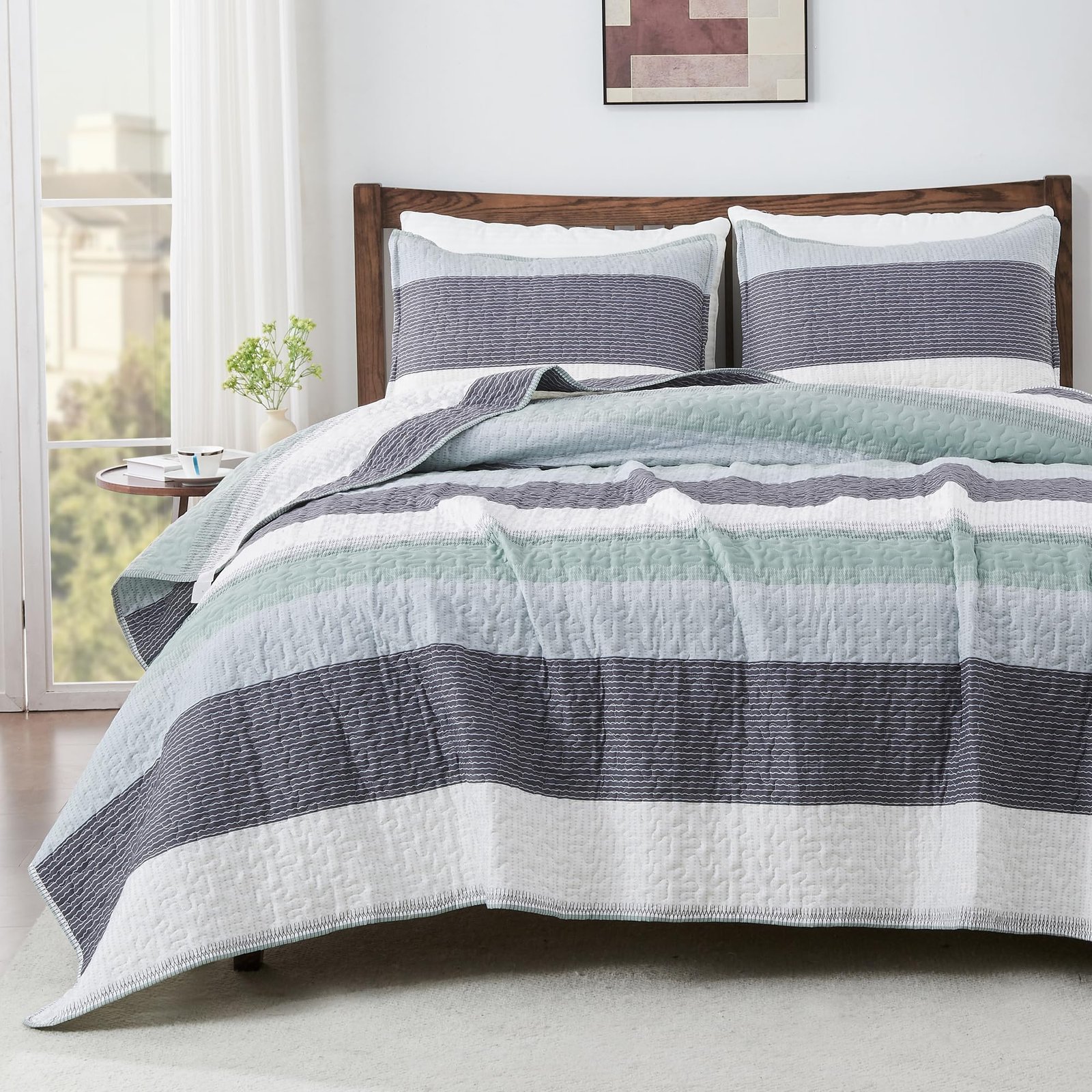 Arkmoving King Size Quilt Set Sage Green, 3 Pieces Mint Green Ultra Soft Lightweight Bedspreads & Coverlets Set, Patchwork Striped Quilted Bedding Sets for All Seasons (1 Quilt, 2 Pillow Shams) - Image 6