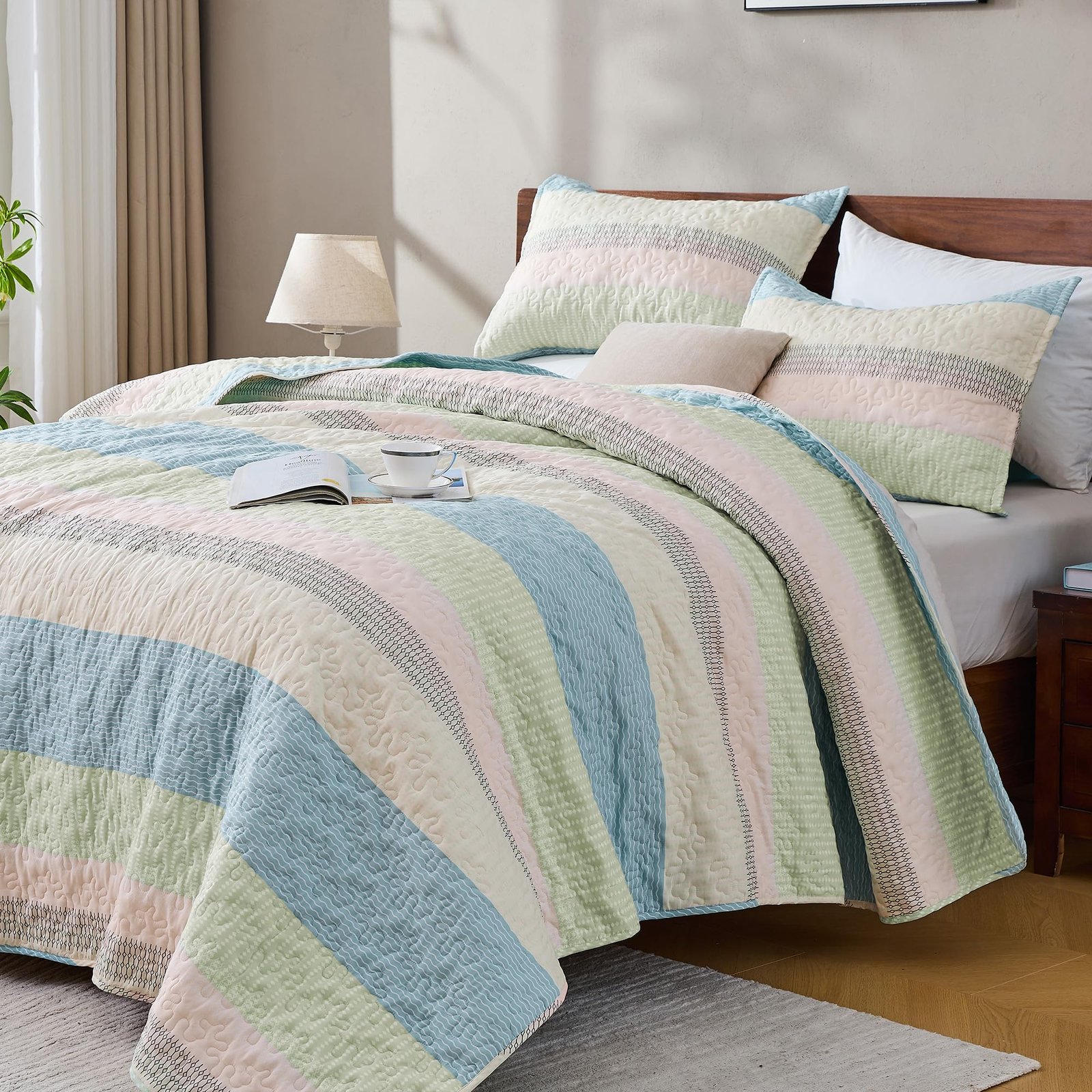 Arkmoving King Size Quilt Set Sage Green, 3 Pieces Mint Green Ultra Soft Lightweight Bedspreads & Coverlets Set, Patchwork Striped Quilted Bedding Sets for All Seasons (1 Quilt, 2 Pillow Shams) - Image 11