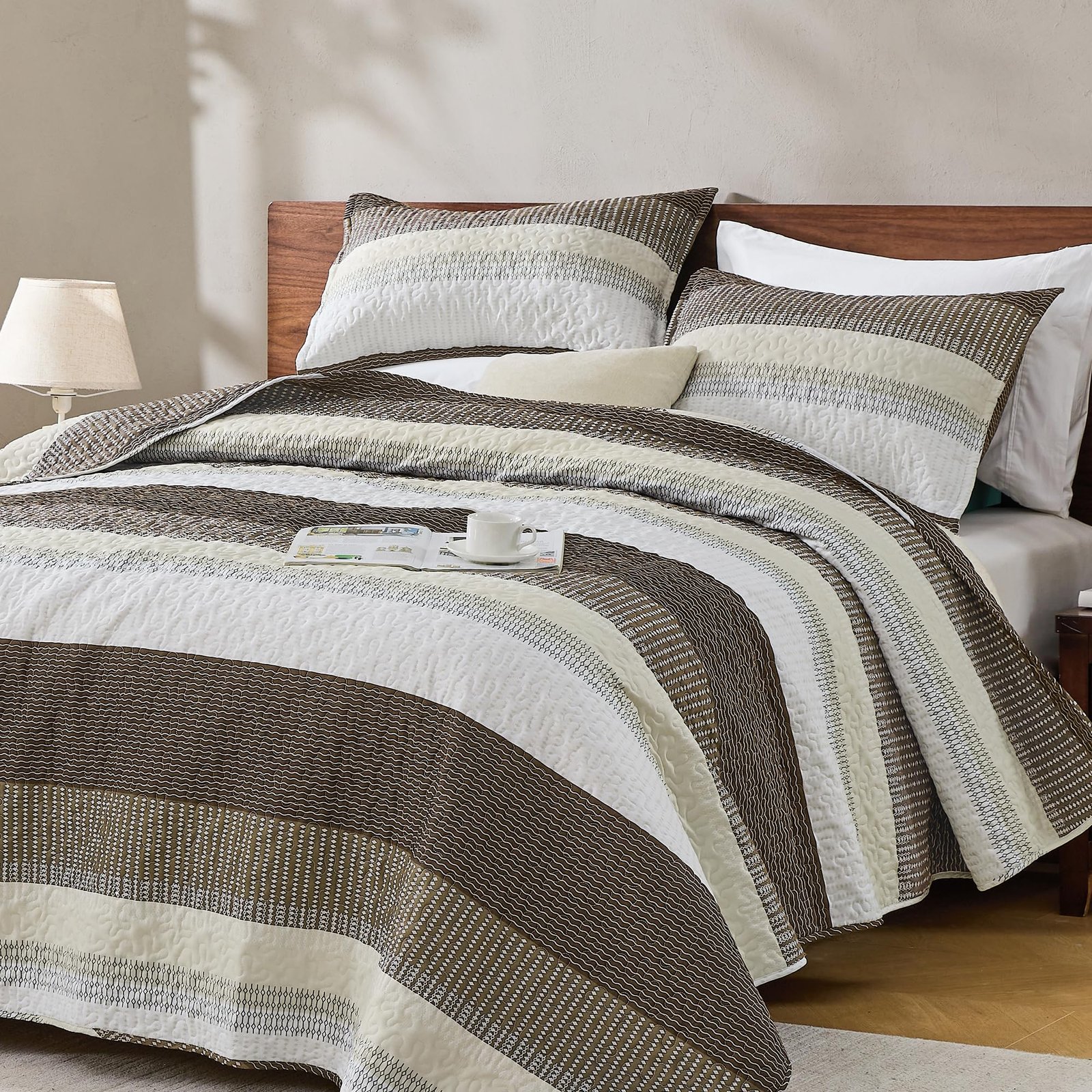 Arkmoving King Size Quilt Set Sage Green, 3 Pieces Mint Green Ultra Soft Lightweight Bedspreads & Coverlets Set, Patchwork Striped Quilted Bedding Sets for All Seasons (1 Quilt, 2 Pillow Shams) - Image 29